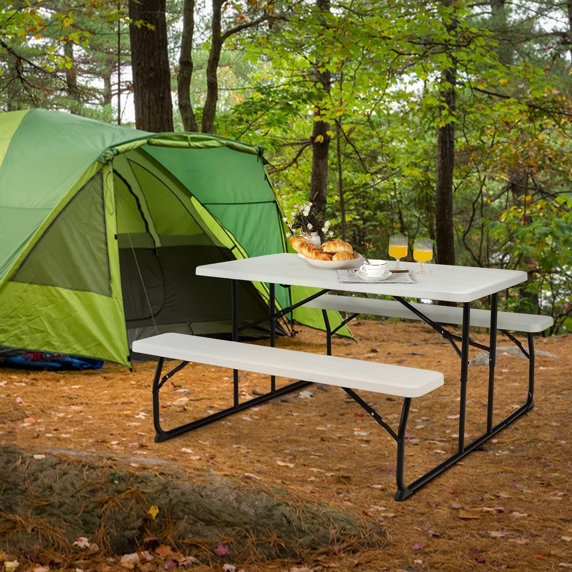 White Plastic Folding Picnic Table Bench Set with Wood-Like Texture