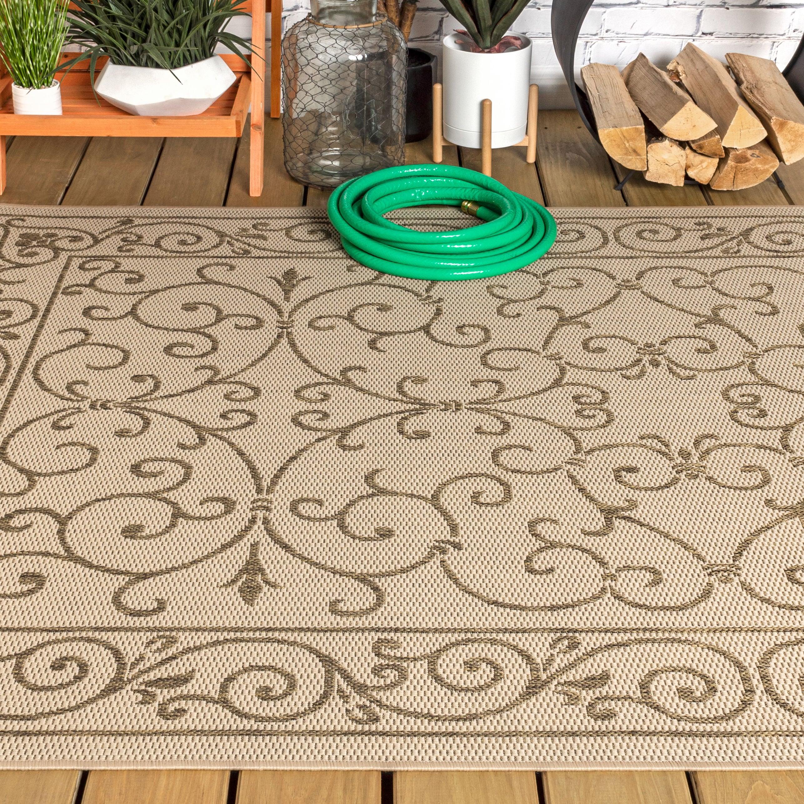 8'x10' Charleston Vintage Filigree Textured Weave Indoor/Outdoor Area Rug, Beige/Brown - JONATHAN Y