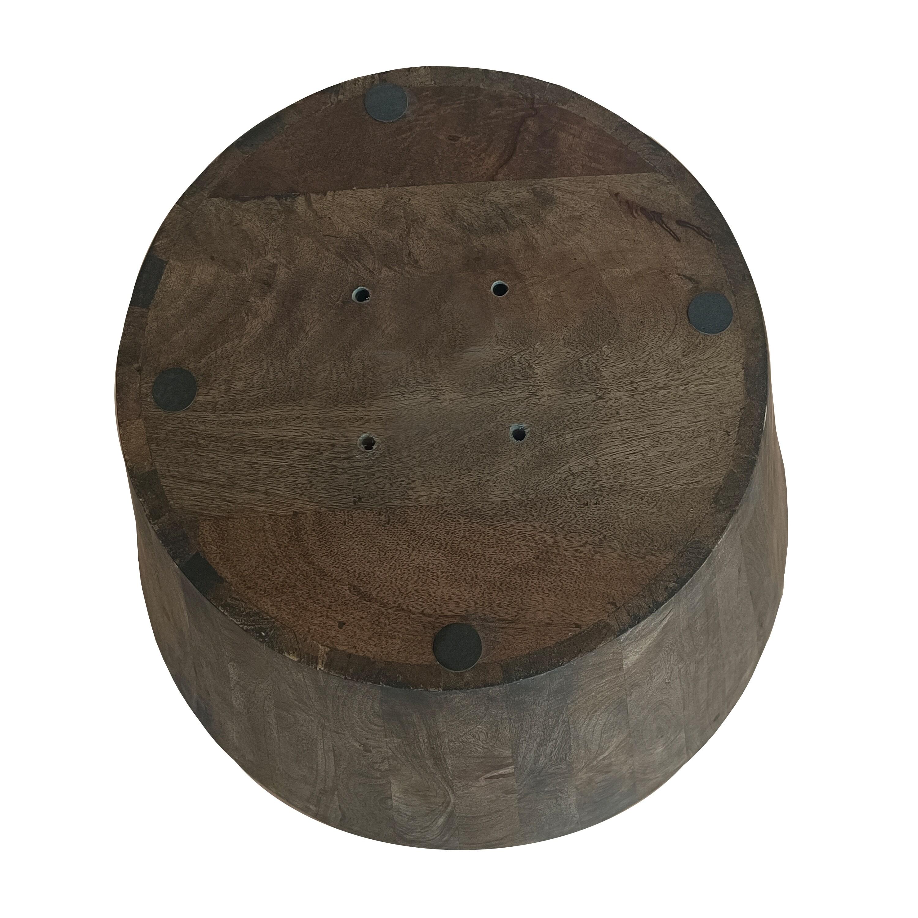 Royal Hampton 24 Inch Side End Table with Round Drum Shape, Handcrafted Mango Wood Construction, Distressed Gray