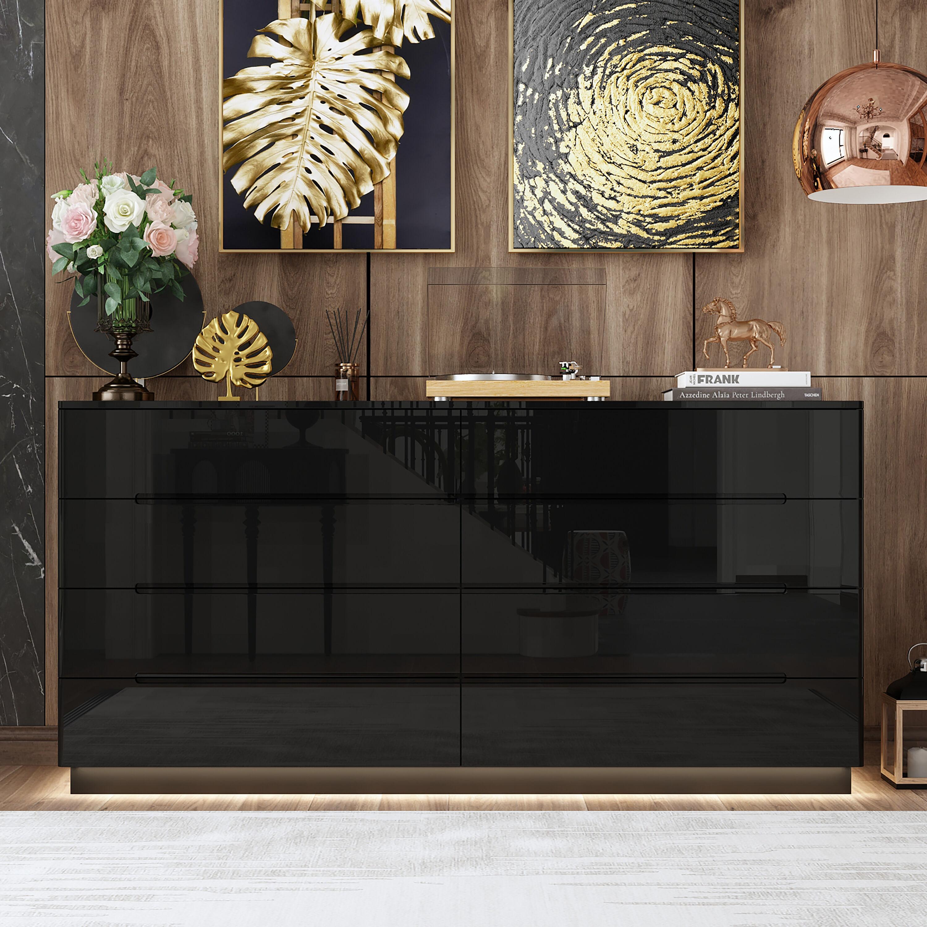 Black 8-Drawer 63 in. W Wood Double Dresser Chest of Drawers Bedroom Storage Organizer in With High Gloss and LED Lights