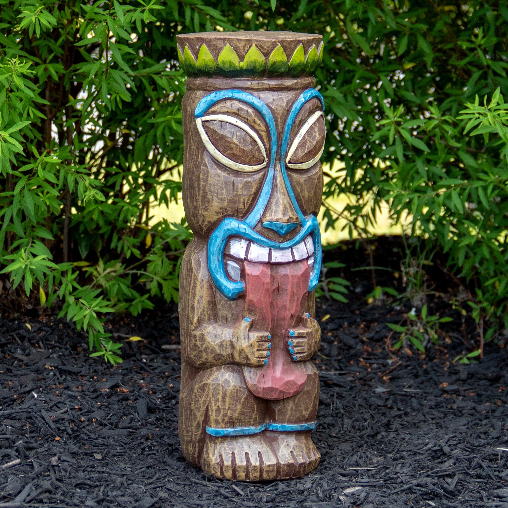 16" Solar Lighted Polynesian Outdoor Garden Tongue Out Tiki Statue