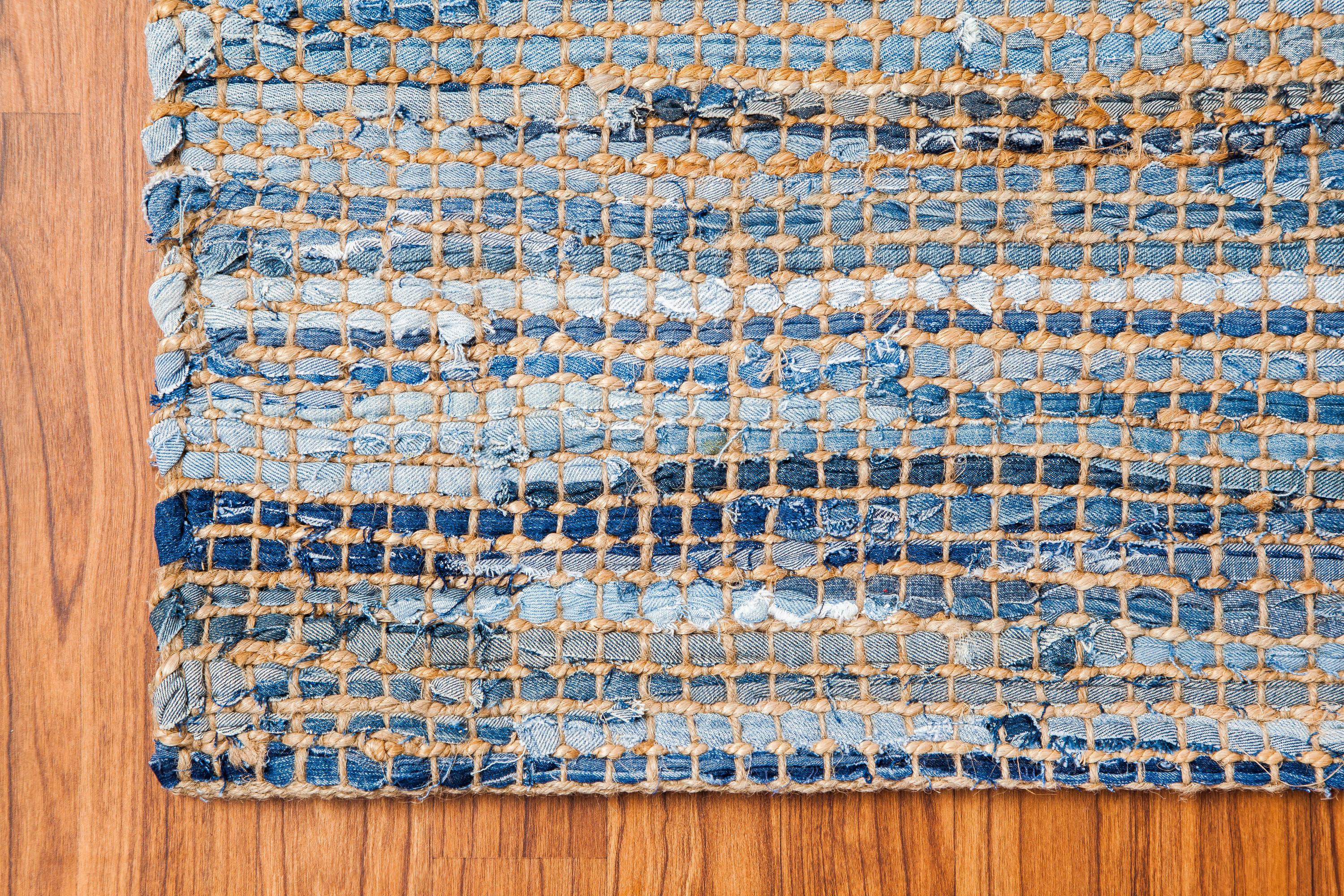 Anji Mountain AMB1032-0268 2 ft. 6 in. x 8 ft. American Graffiti Denim & Jute Runner Rug - Tan, Gold & Blue