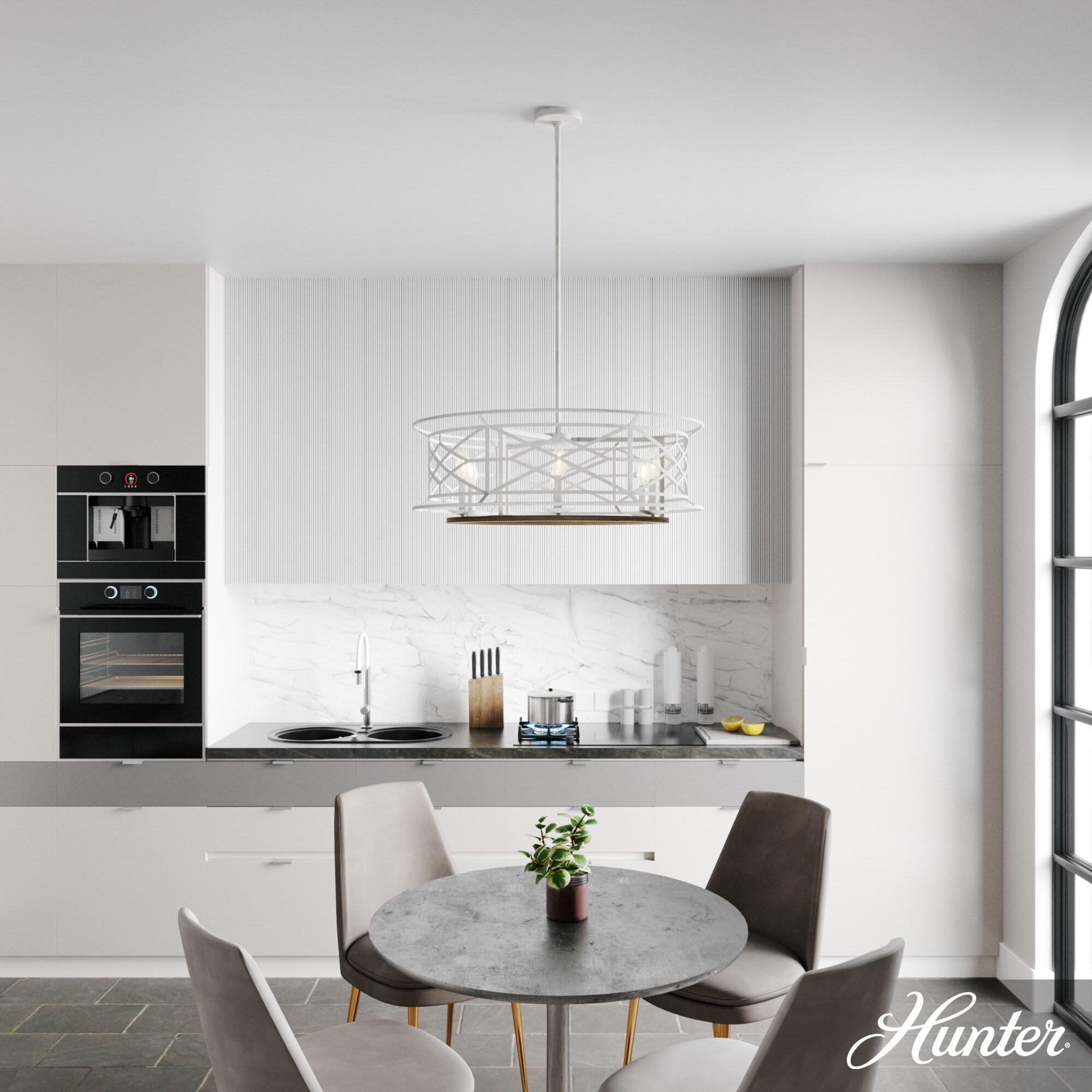 Hunter - Langwood 6-light Distressed White, Large Chandelier, Dimmable, Rustic Style, Drum Shaped, for Bedrooms, Kitchens, Dining, Living Rooms - 19330