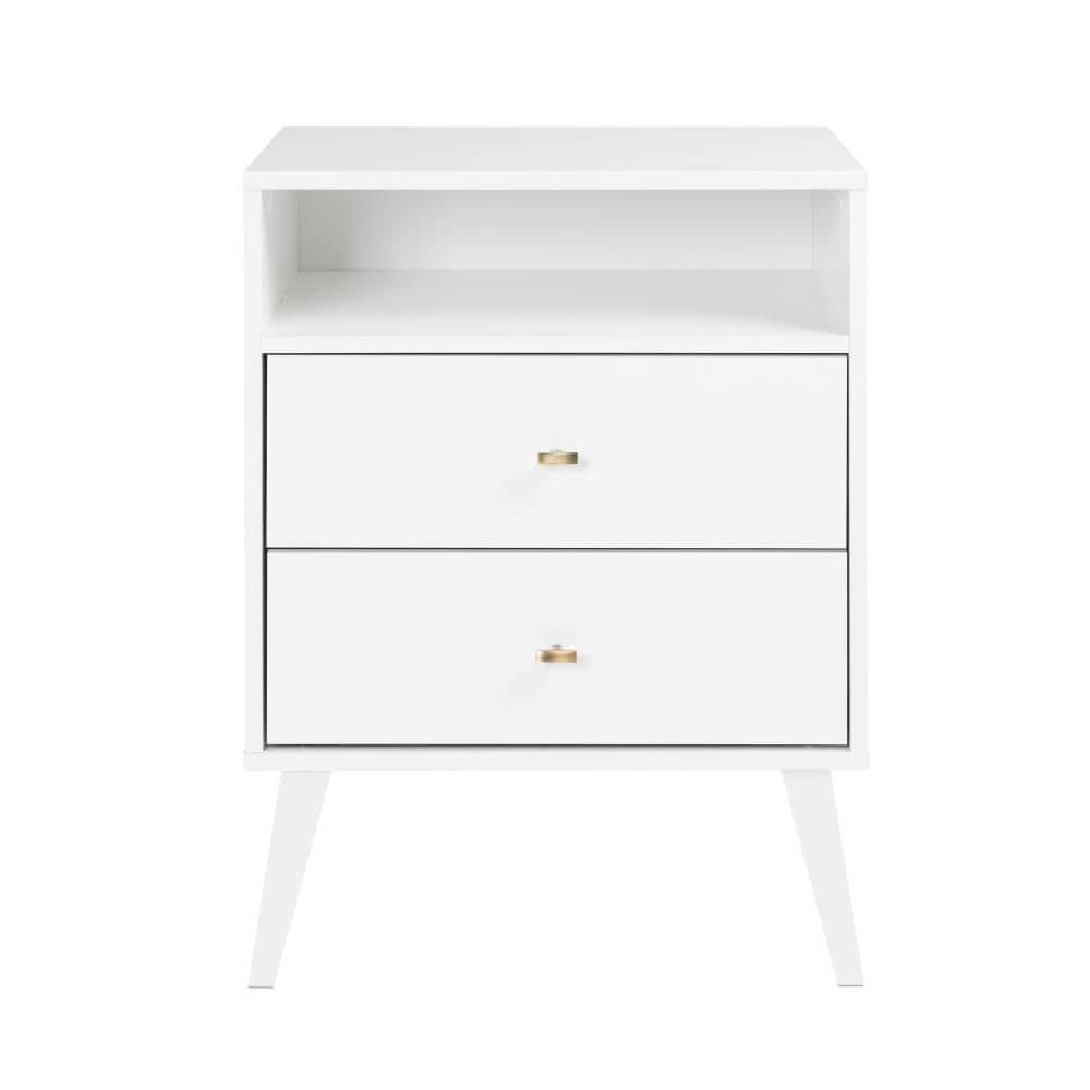 Mid Century Modern 2 Drawer Tall Nightstand with Shelf White - Prepac: Wood Laminate, Includes Anti-Tip Hardware