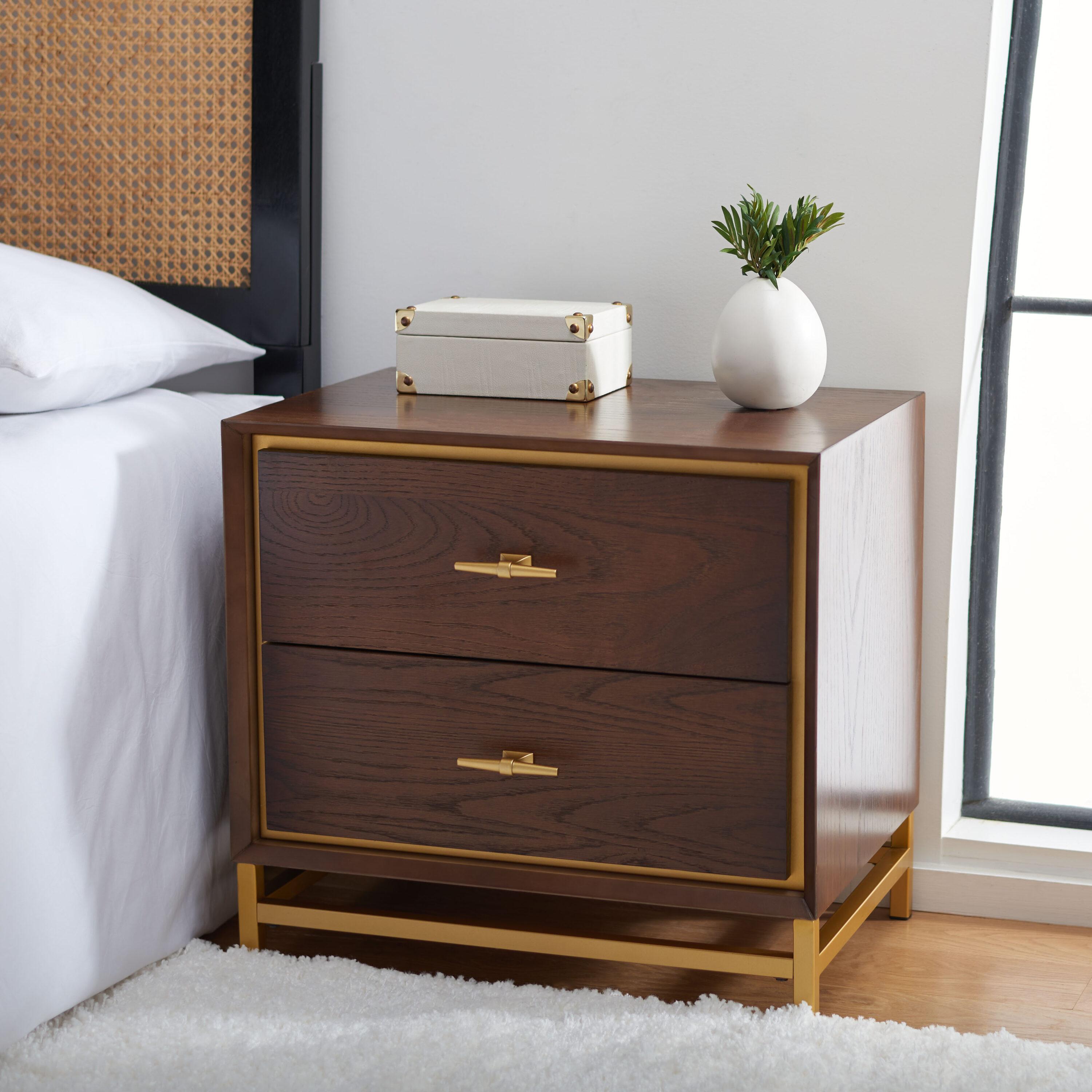 Fenno 2 Drawer Nightstand - Walnut/Brass - Safavieh.