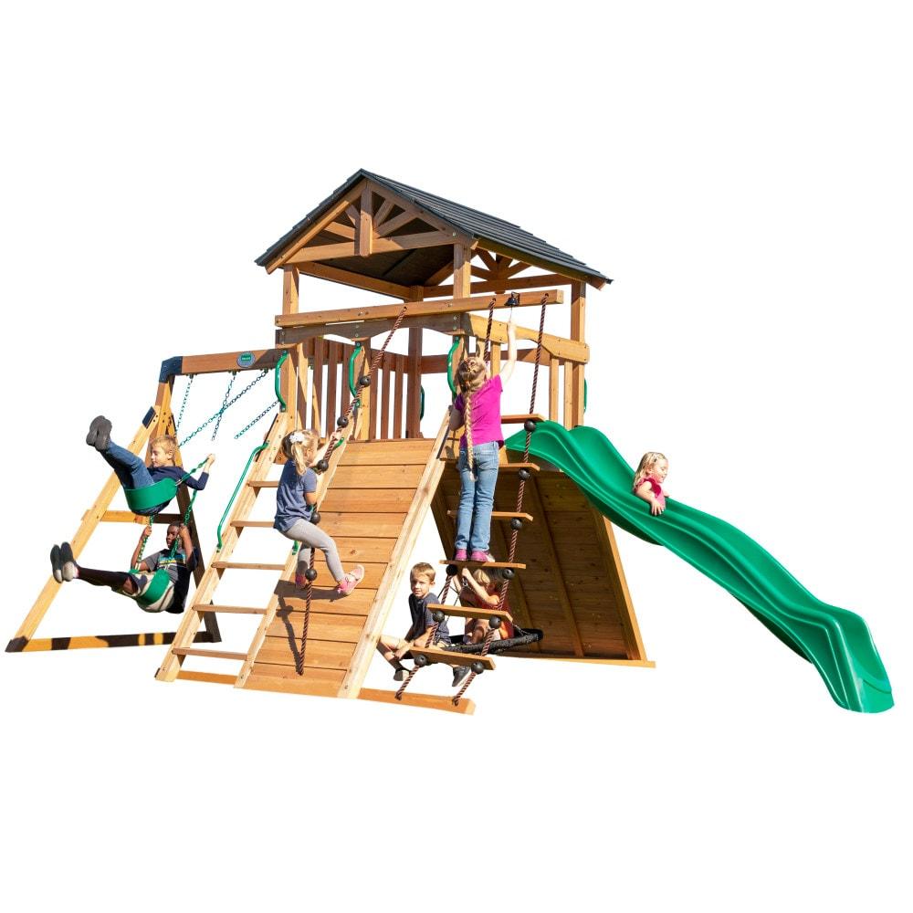 Backyard Discovery Endeavor Cedar Wood Swing Set, Slide, Play Deck, Rock Wall, Rope Ladder