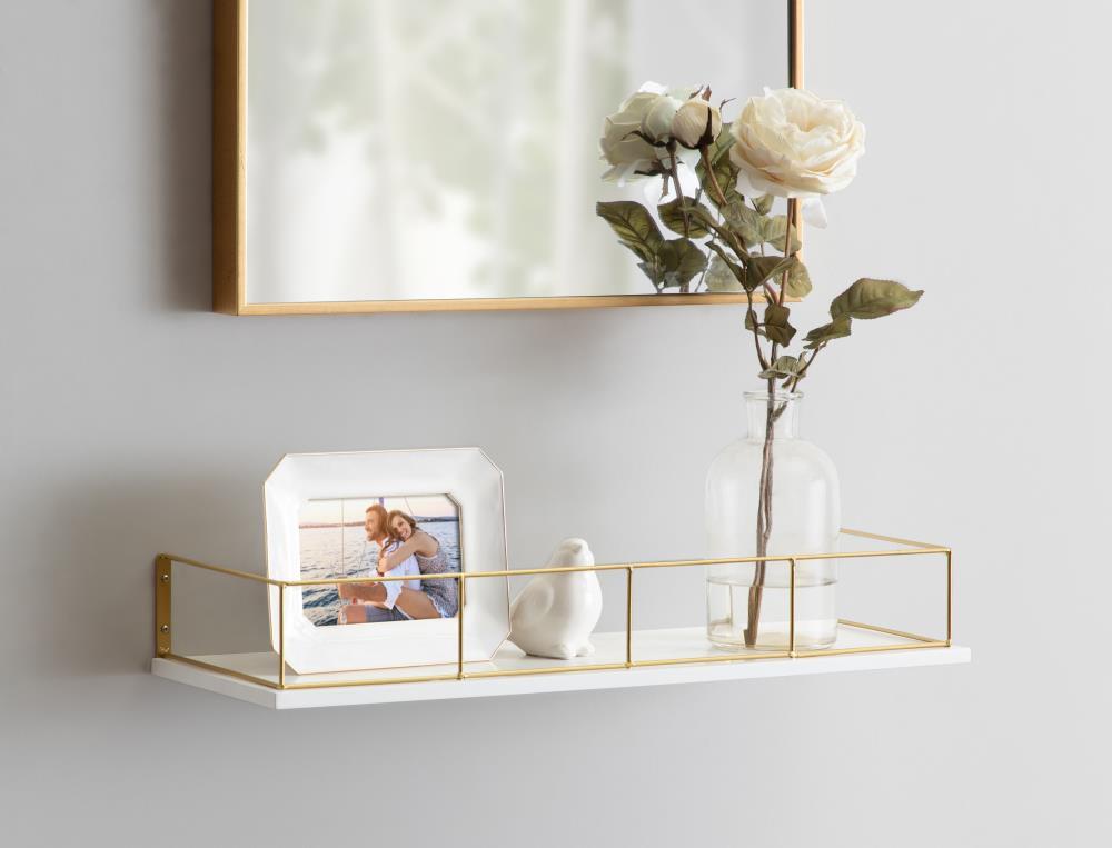 Kate and Laurel Benbrook Wood Shelf, 24" x 8", White and Gold, Modern Glam Storage Shelf