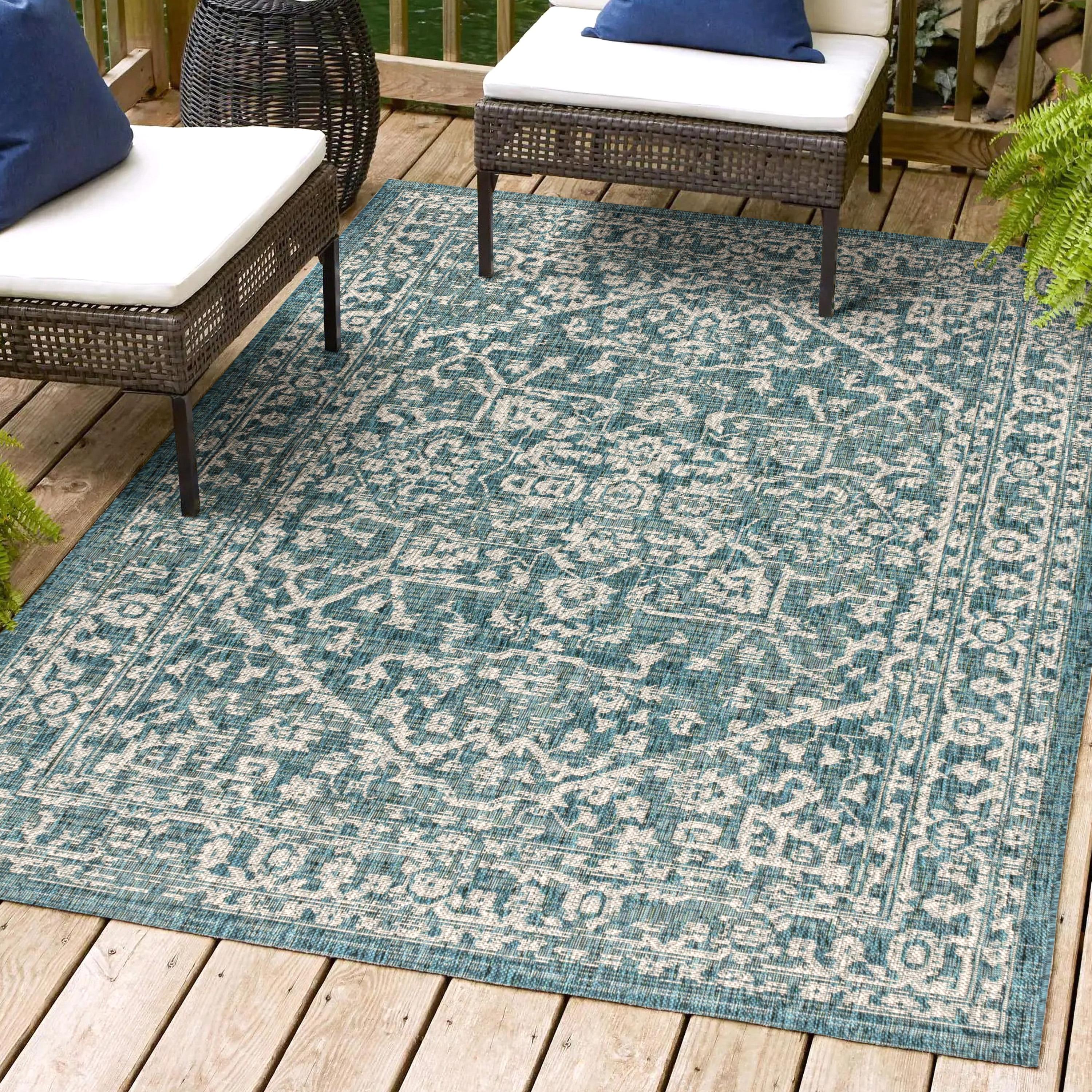 3'x5' Malta Bohemian Medallion Textured Weave Indoor/Outdoor Area Rug, Teal/Gray - JONATHAN Y