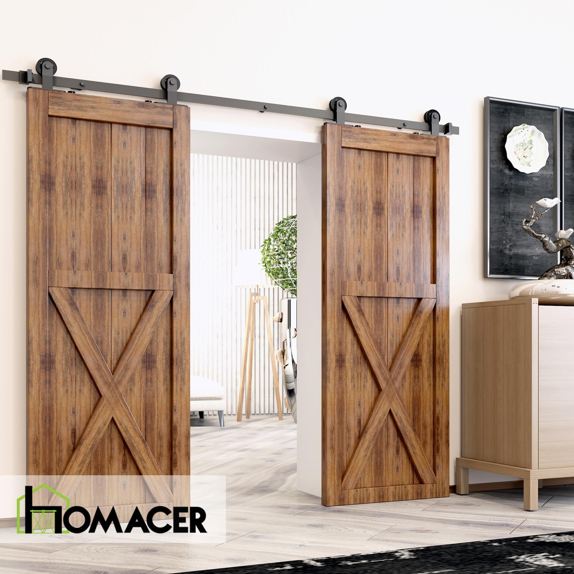 Homacer Black Rustic Sliding Barn Door Hardware Kit, for Two/Double Doors, 14ft Long Flat Track, T-Shape Design Roller, Heavy Duty, for Interior & Exterior Use