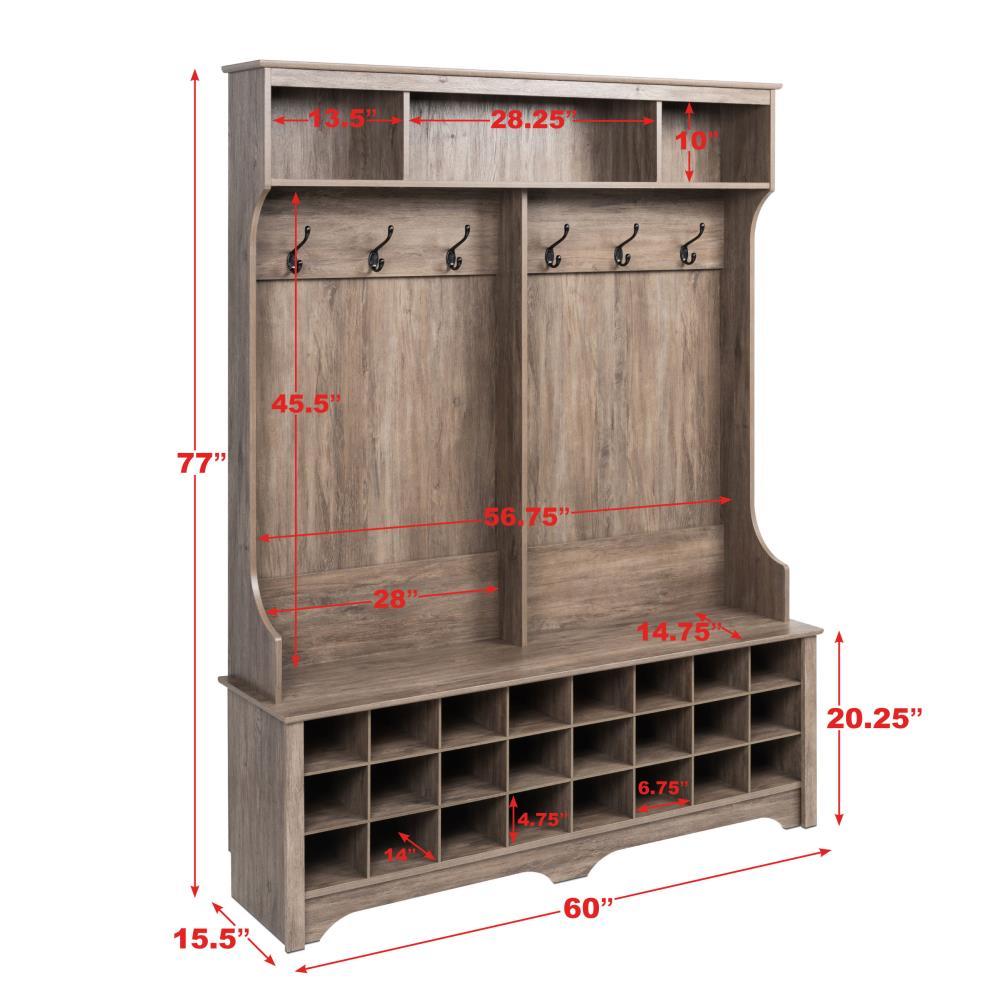 60" Wide Hall Tree with 24 Shoe Cubbies Drifted Gray - Prepac: Bench & Coat Rack Storage