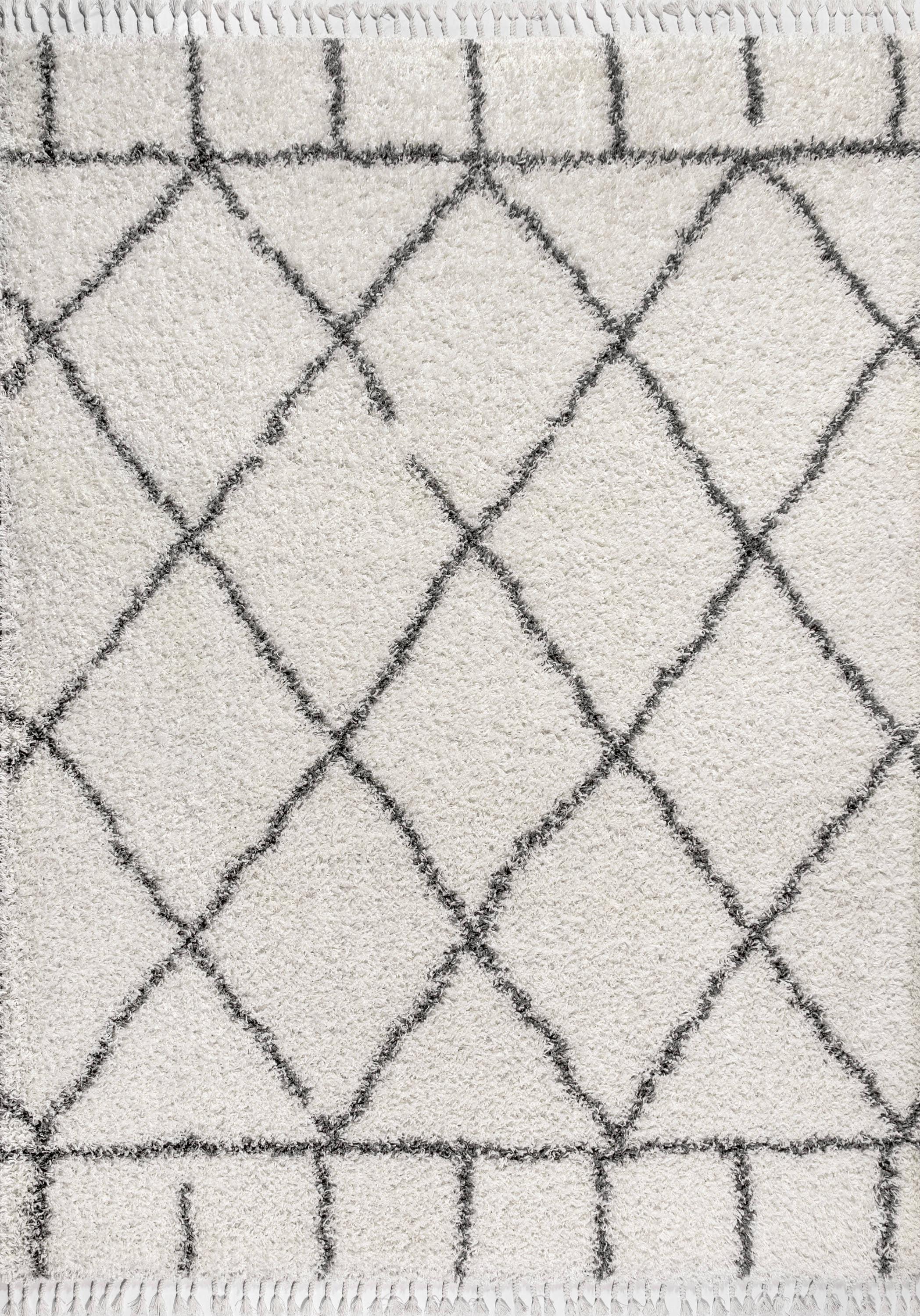 8'x10' Mercer Shag Plush Tassel Moroccan Geometric Trellis Area Rug, Cream/Grey - JONATHAN Y