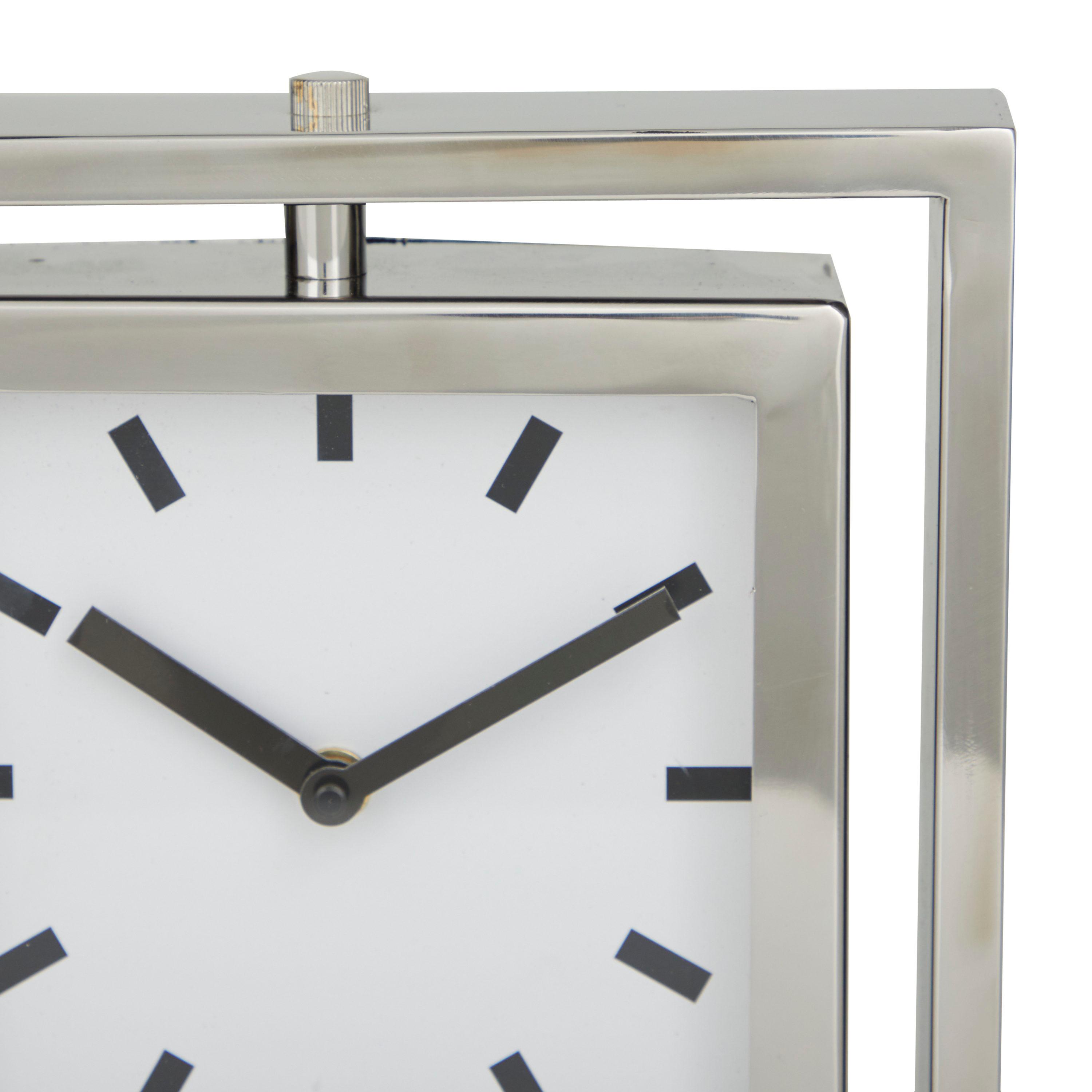 DecMode Stainless Steel Glam Square Table Clock 9"W x 10"H, with Silver Framed Structure, White Clock Face and Black Base