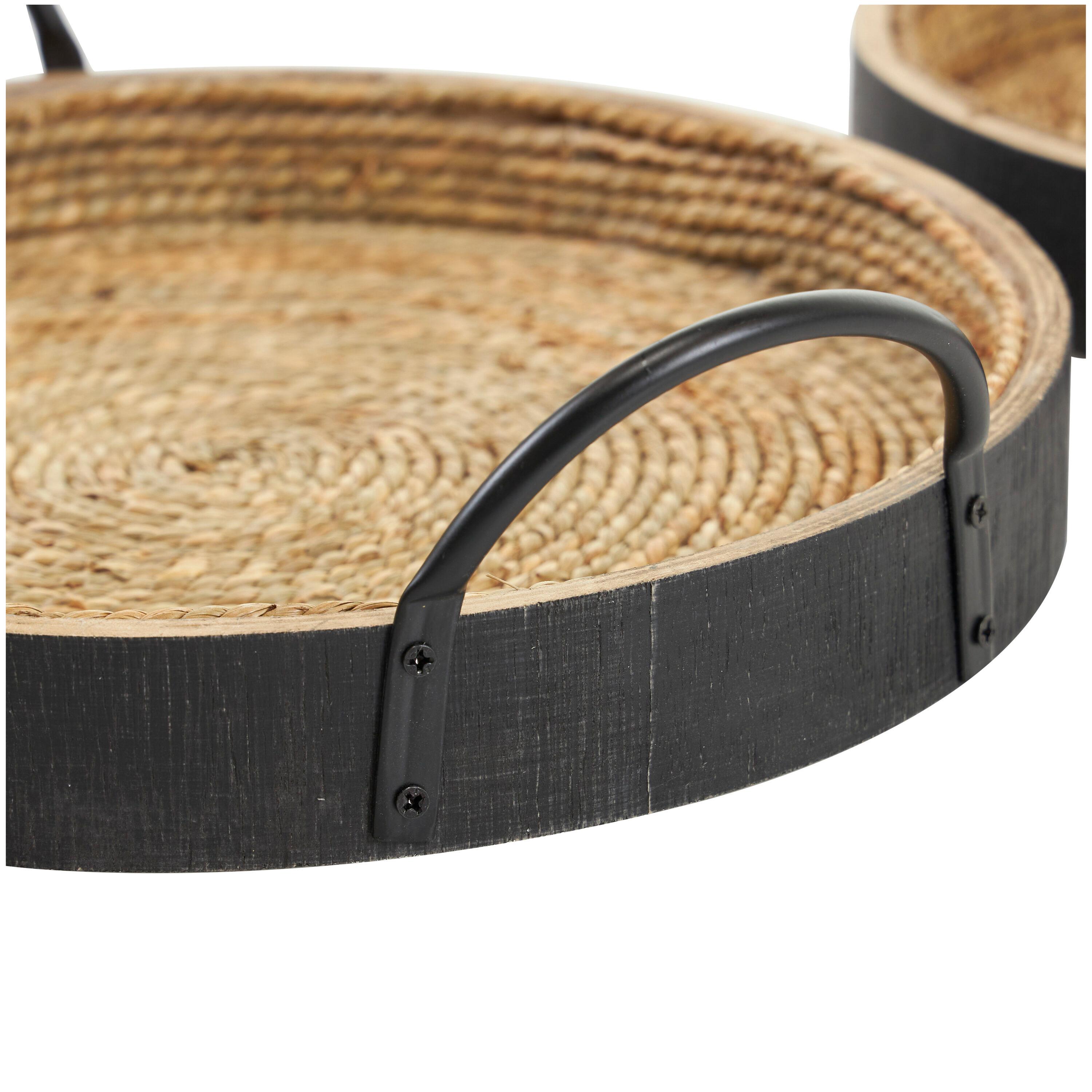 Set of 2 Round Black and Natural Wood Decorative Trays