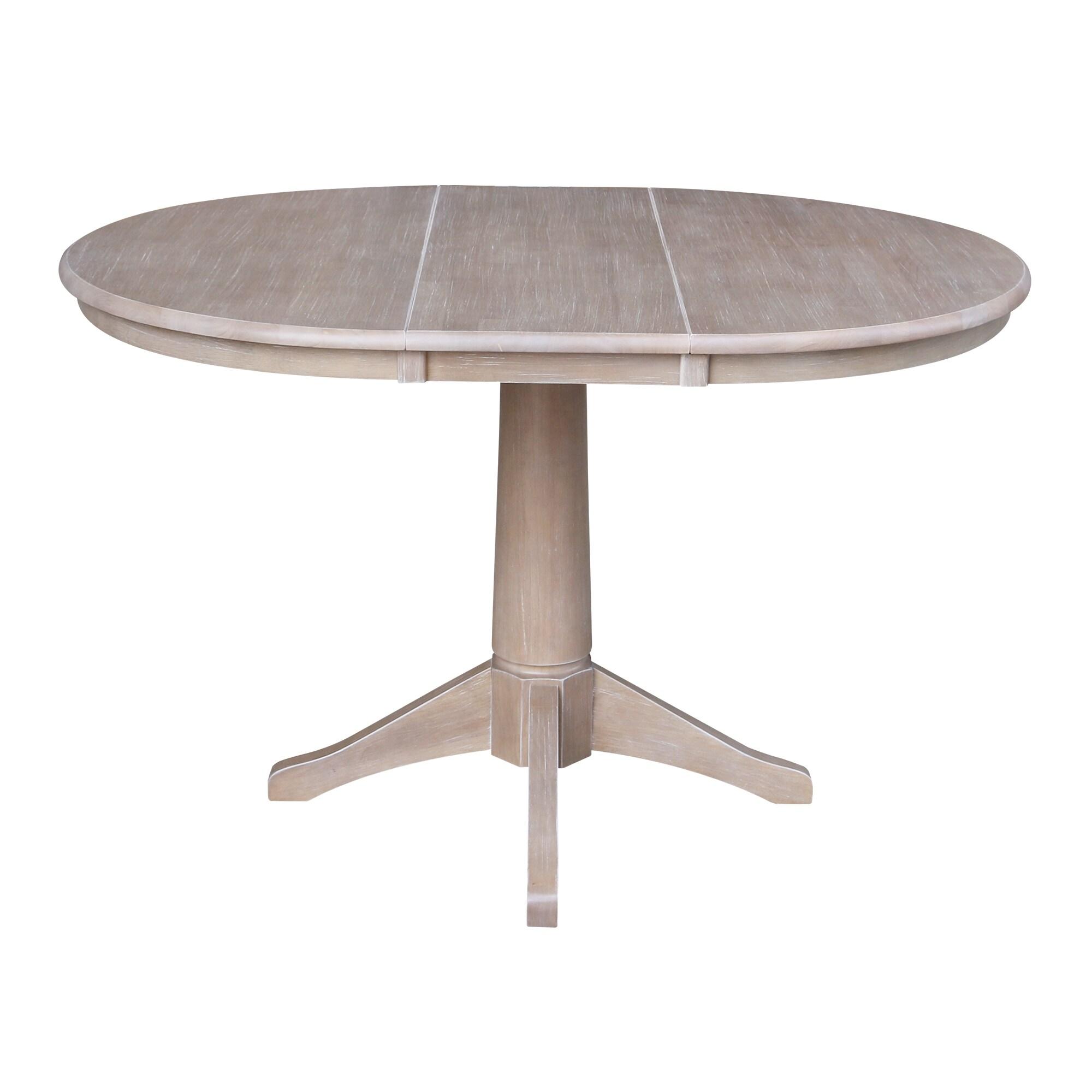 36" Magnolia Round Top Dining Table with 12" Leaf Washed Gray Taupe - International Concepts: Hardwood Pedestal Base, Seats 4