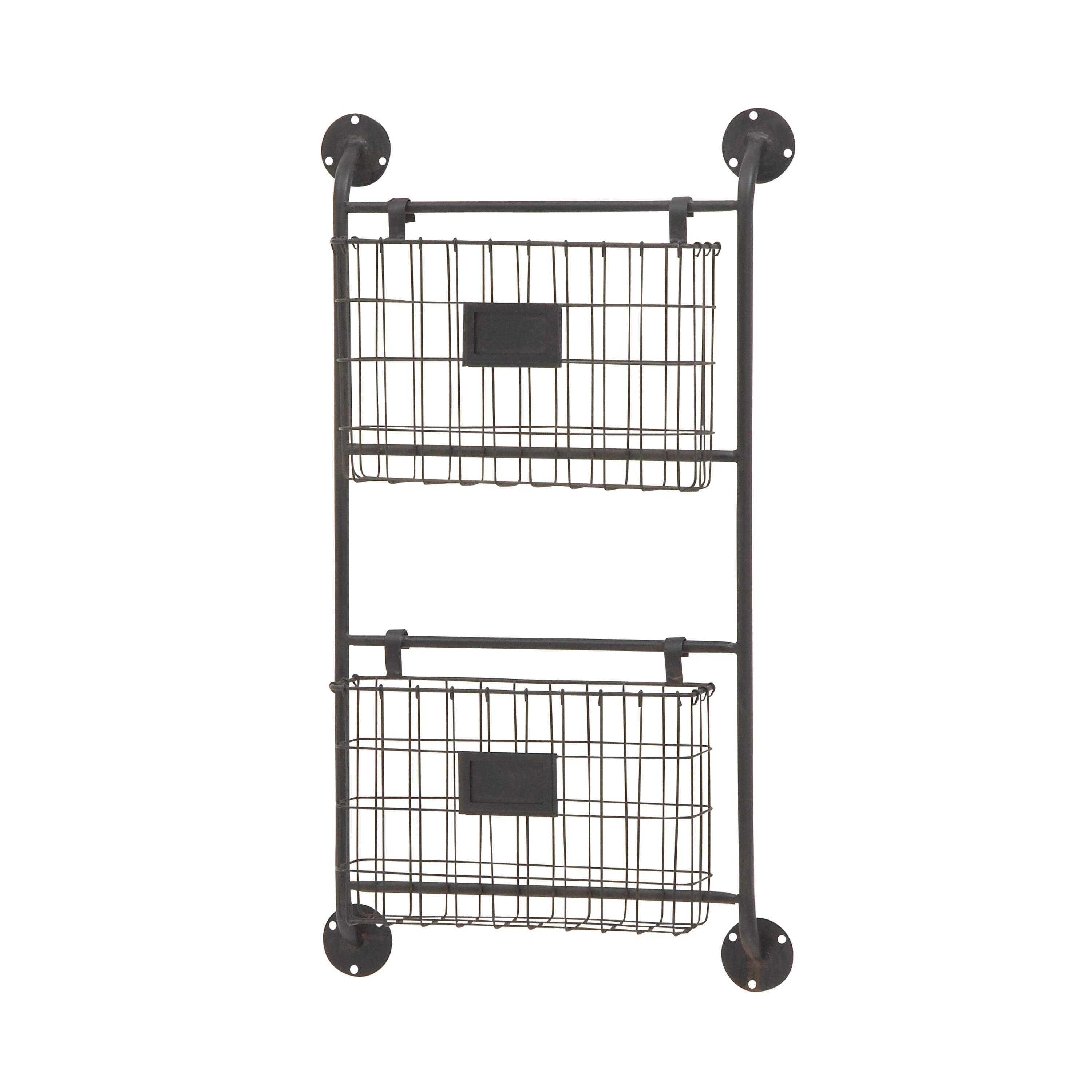 DecMode 28" Black Metal 2 Slots Suspended Wire Basket Magazine Rack Holder with Suspended Baskets and Label Slot