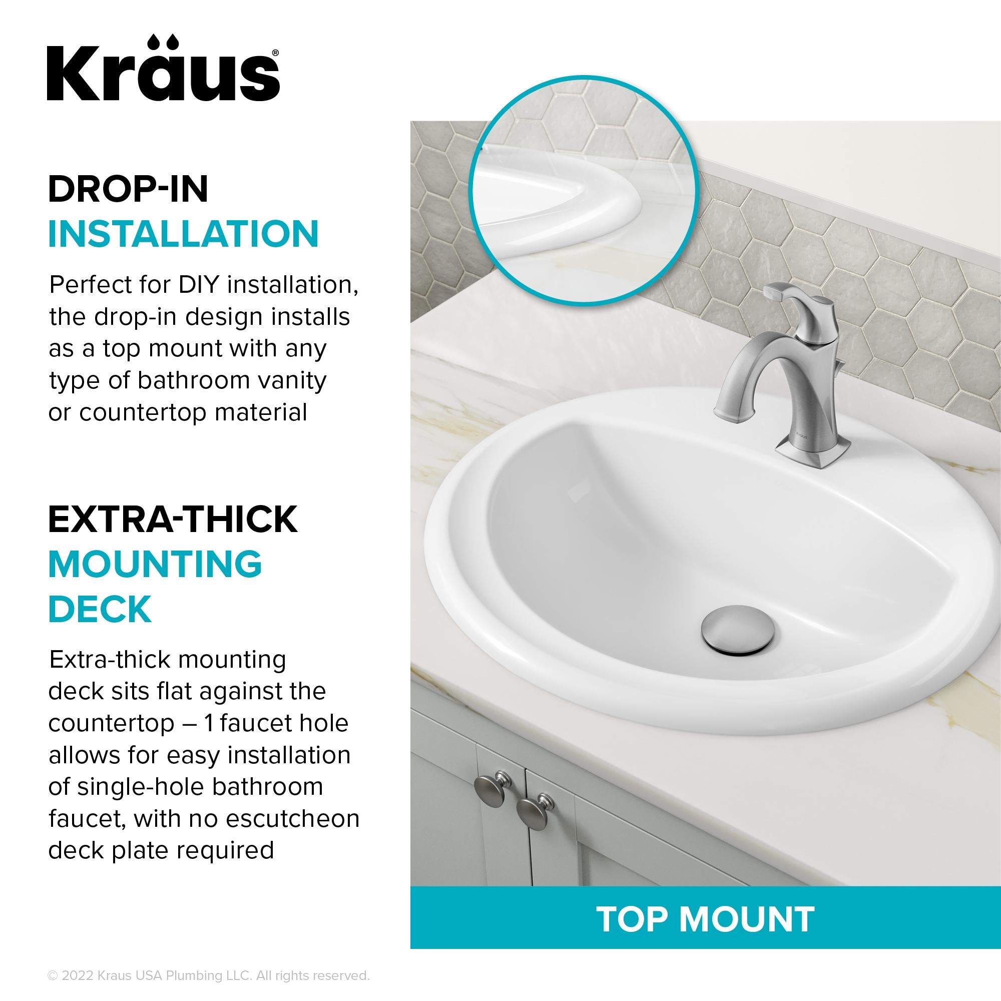 KRAUS Elavo. Oval Porcelain Ceramic Self-Rimming Drop In Bathroom Sink In White With Overflow Drain, KCT-100