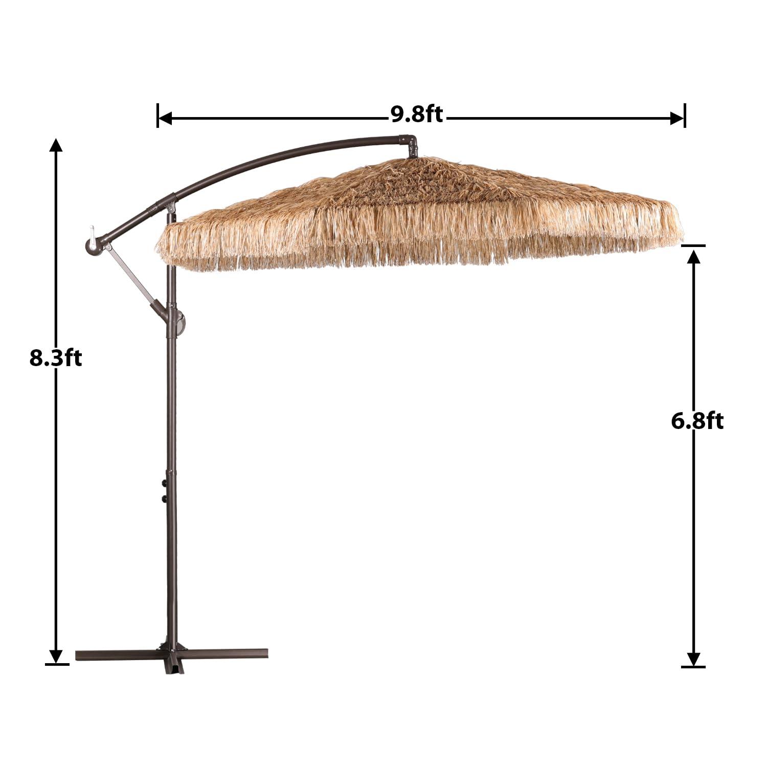 Aoodor 10FT Cantilever Tiki Thatch Patio Umbrella, Hand-Push Tilt Offset Umbrella for Outdoor, Natural Straw Look (No Base)