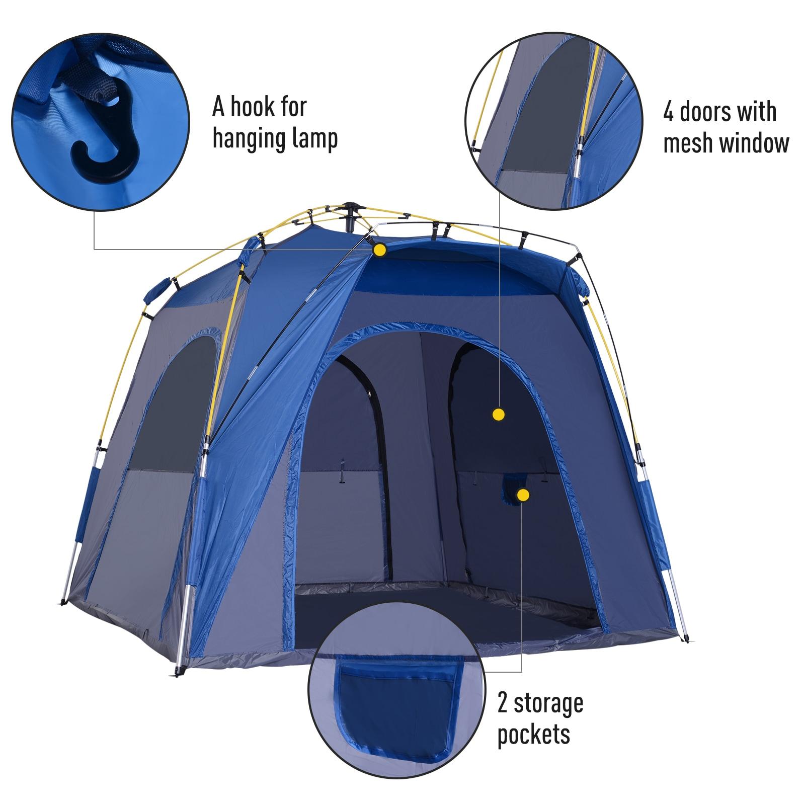Outsunny Camping Tents 4 Person Pop Up Tent Quick Setup Automatic Hydraulic Family Travel Tent w/ Windows, Doors Carry Bag Included, Blue