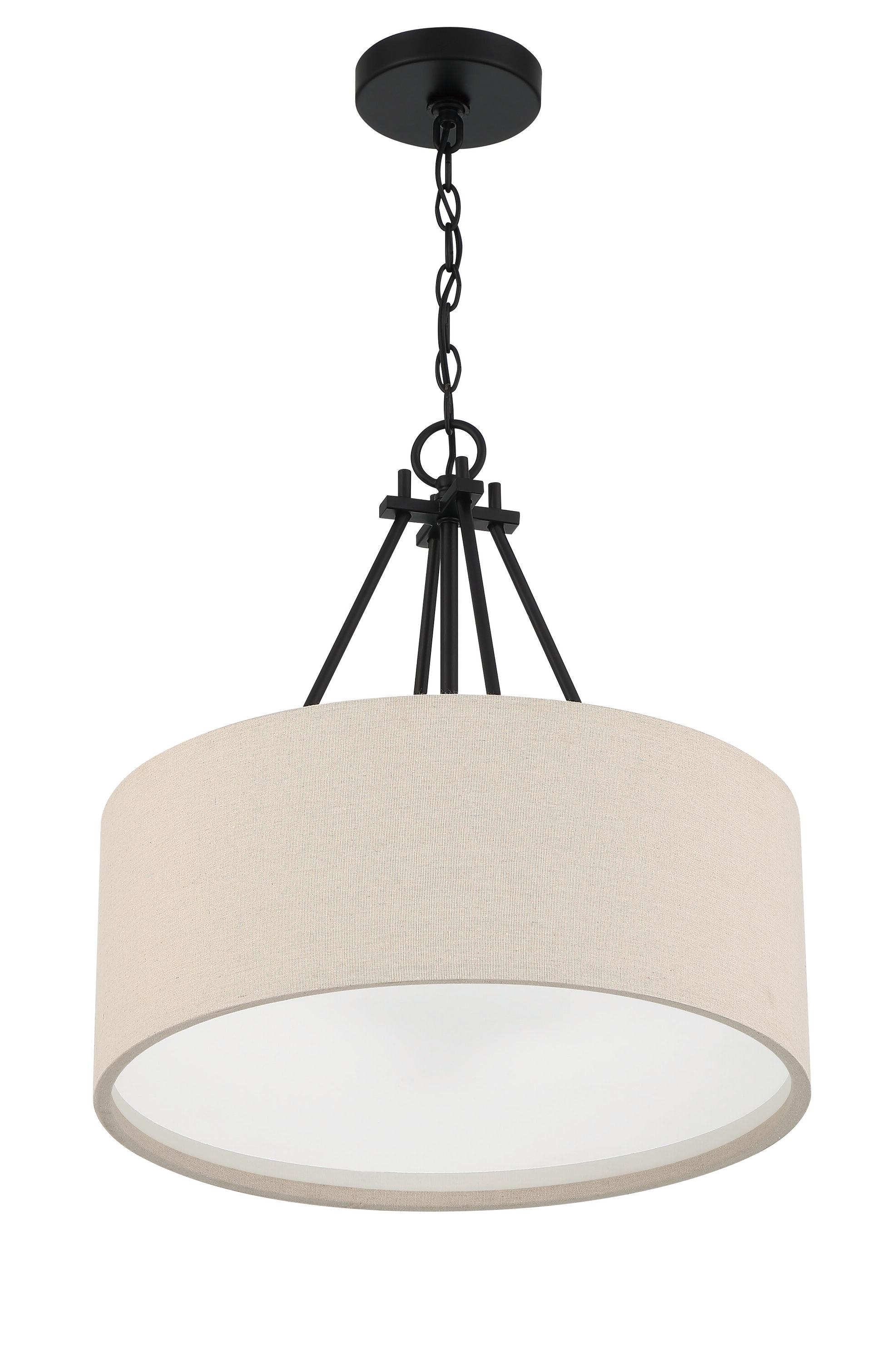 Duke Flat Black 3-Light Pendant with Beige Linen Drum Shade