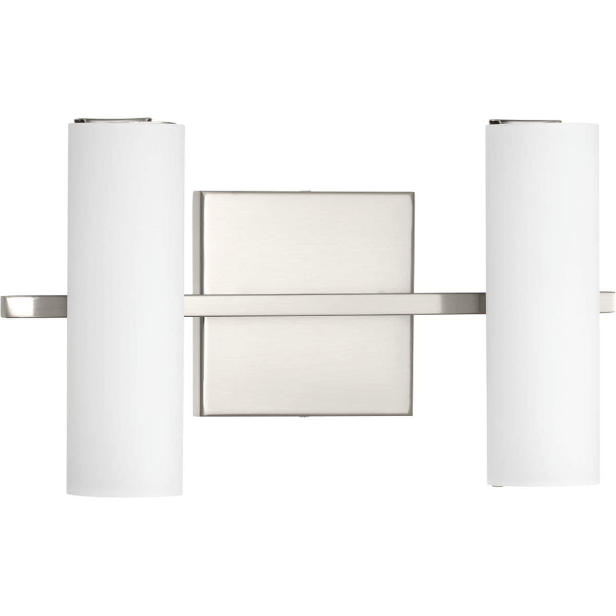 Progress Lighting Colonnade 2-Light LED Bath Vanity in Brushed Nickel with Tubular Etched Glass Shades