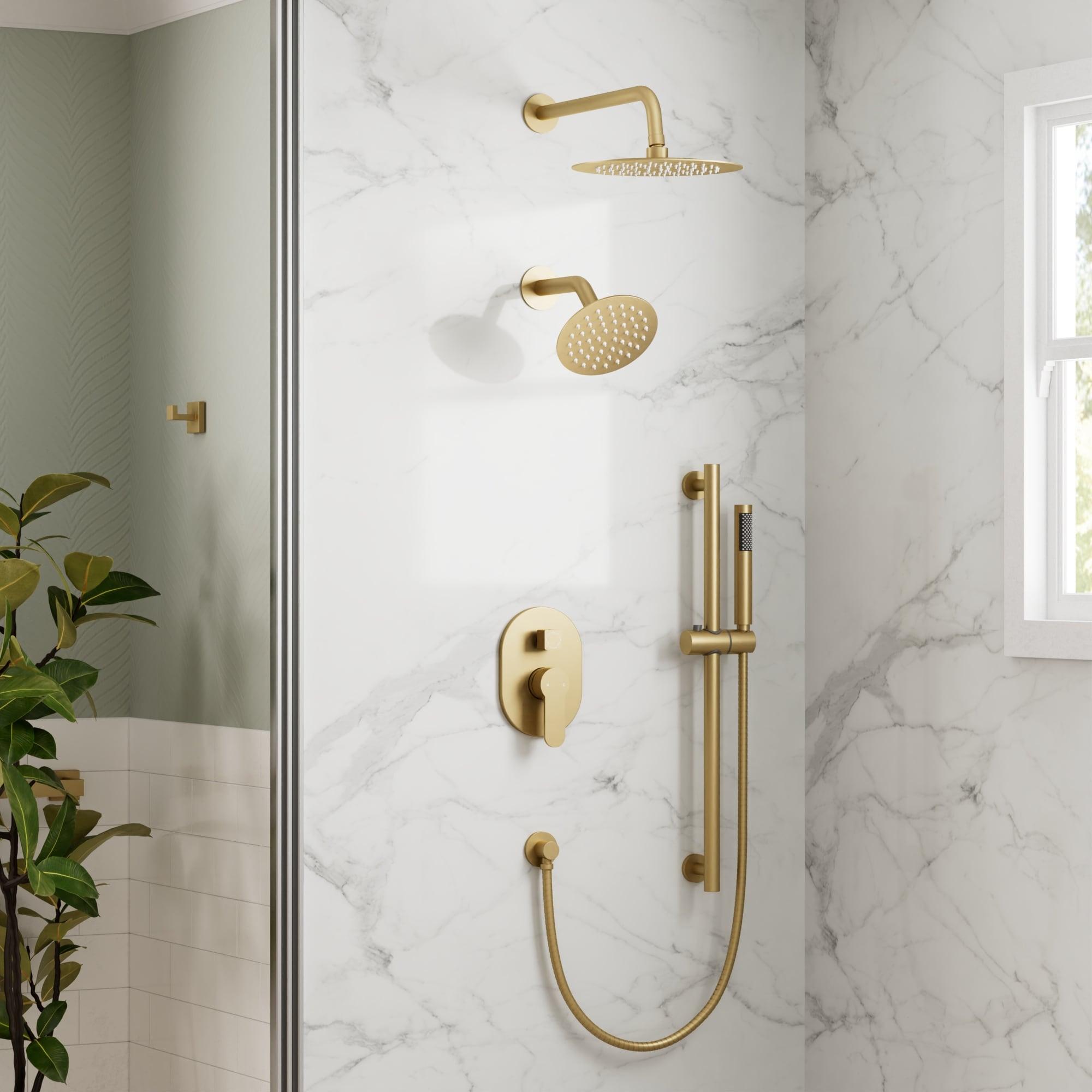 GRANDJOY Complete Shower System, 10" and 6" Dual Wall Mount Rain Shower Faucets with Handheld Shower Spray, High Pressure in Brushed Gold