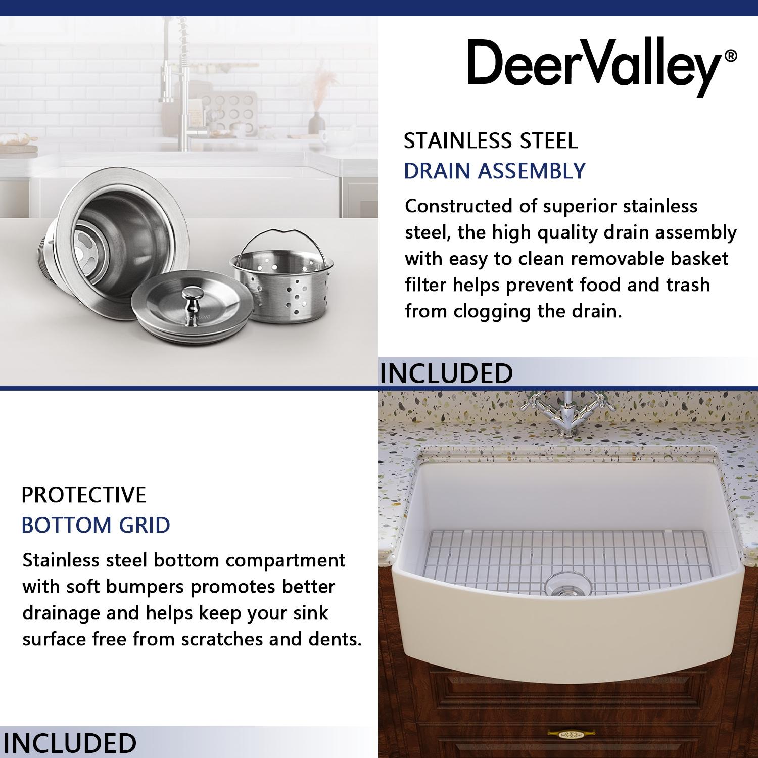 DeerValley Fireclay Single Basin Curved Farmhouse Kitchen Sink with Sink Grid and Basket Strainer