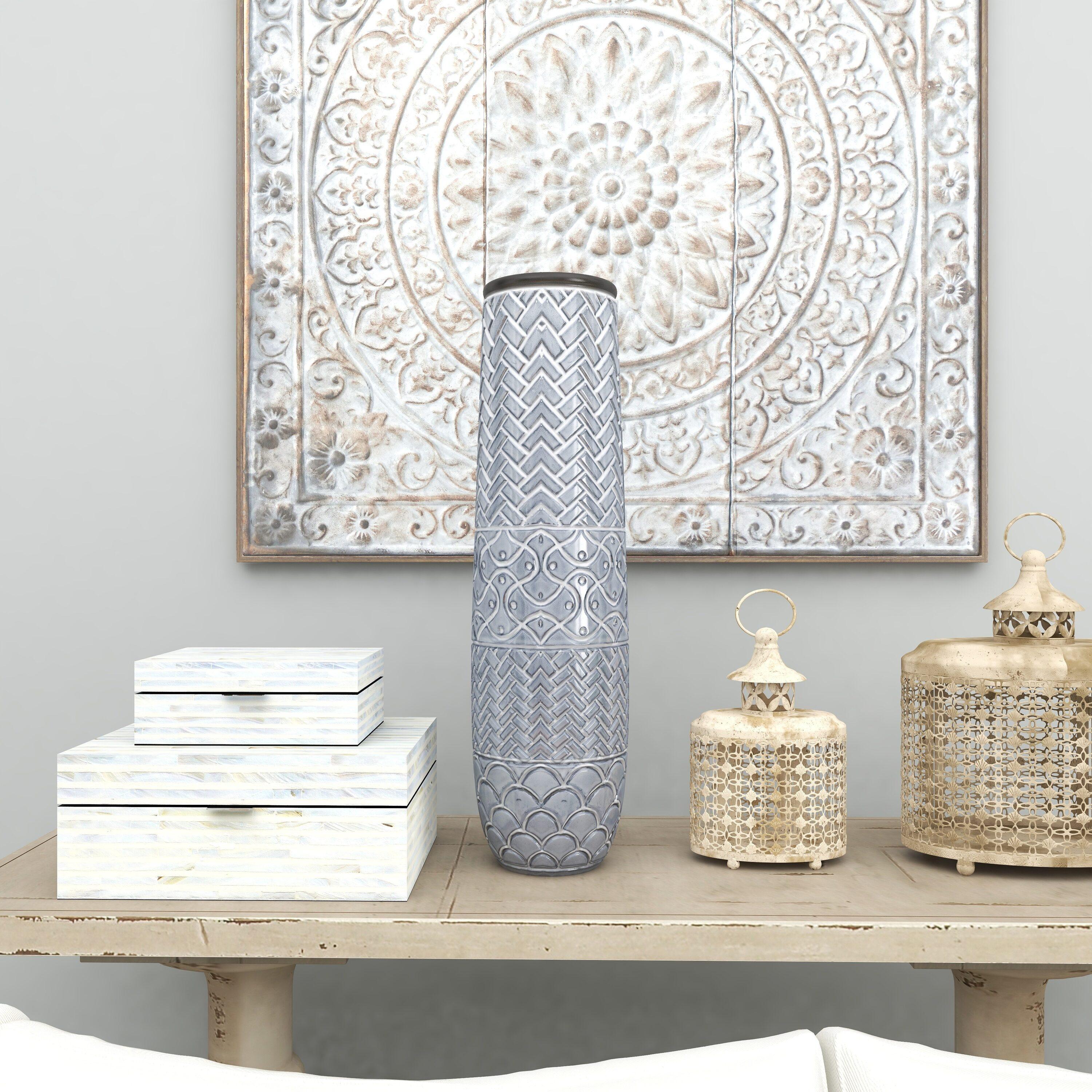 Ceramic Slim Engraved Patterned Decorative Gray Vase