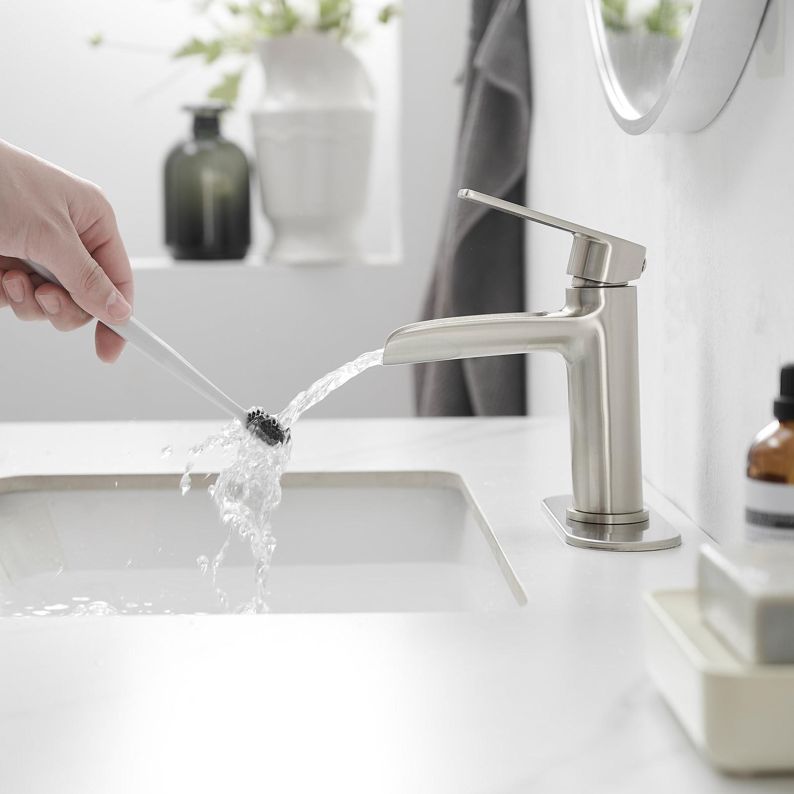 BWE Bathroom Faucets Waterfall Bathroom Faucet with Pop Up Drain for Bathroom Sink Single Hole Farmhouse RV Bathroom Basin Faucet Brushed Nickel