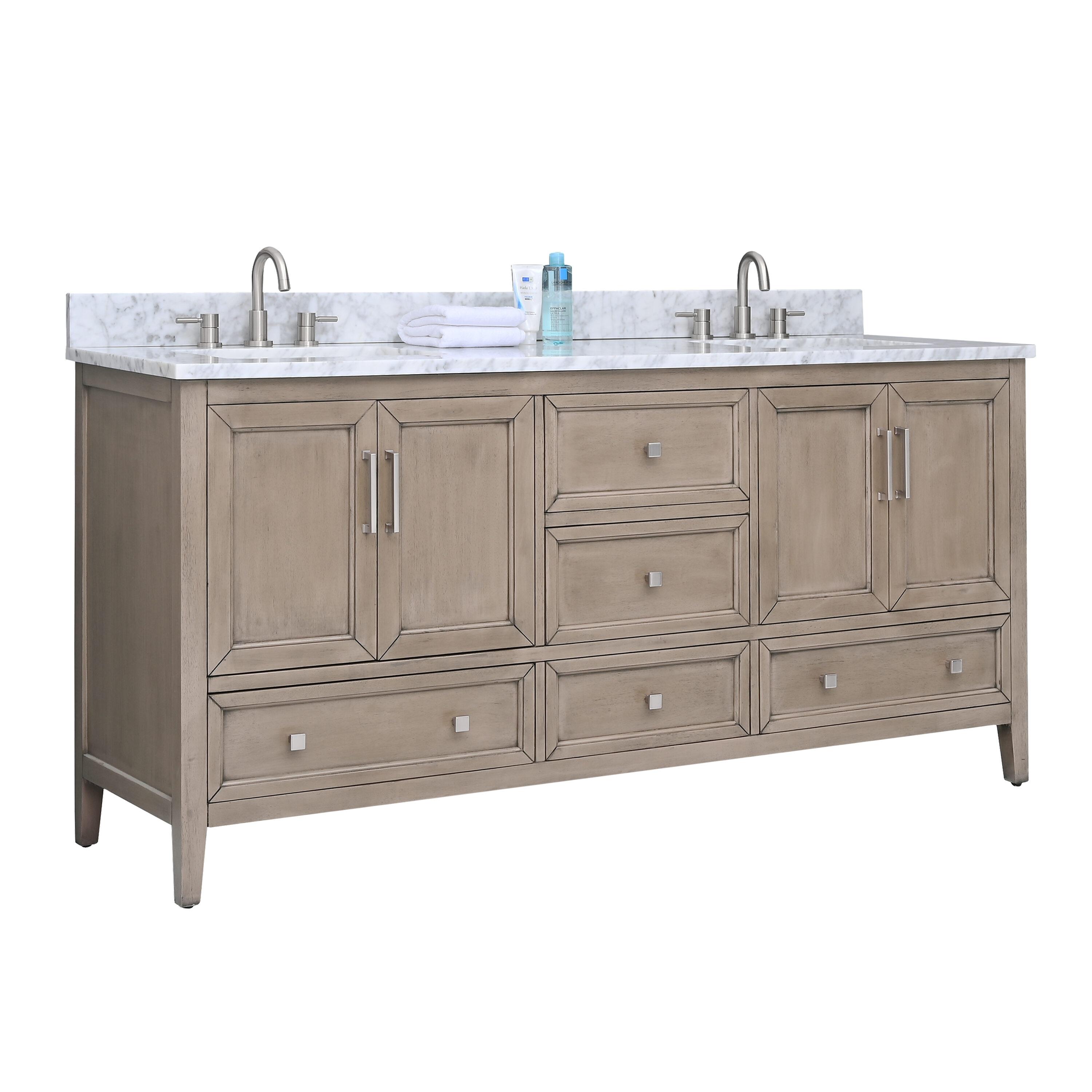 Gray Oak Double Vanity with Carrara White Marble Top