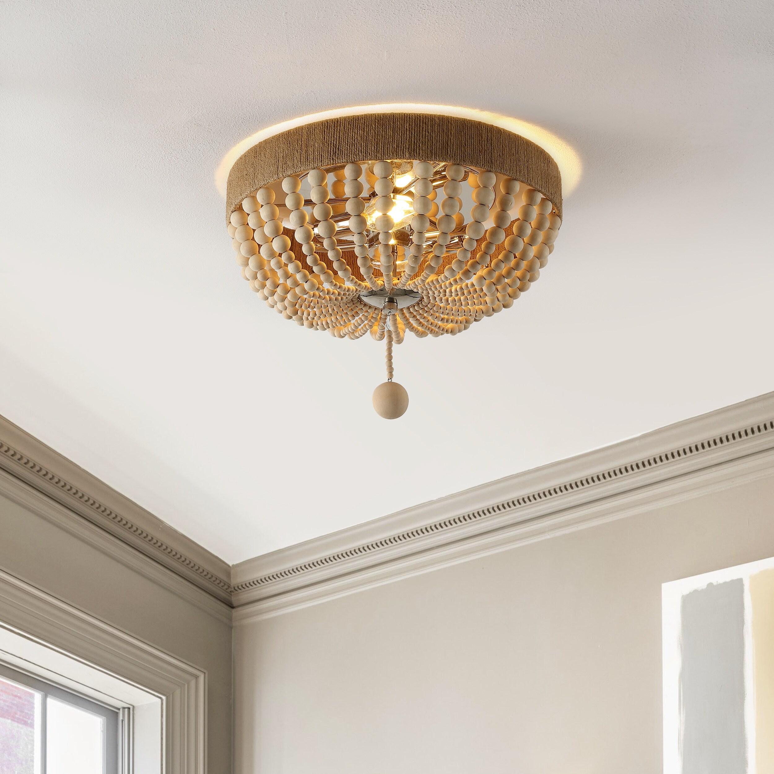 JONATHAN Y Justina Wood Bead 14" 2-Light Farmhouse Bohemian Iron LED Flush Mount, Light Taupe/Chrome, JYL1307A