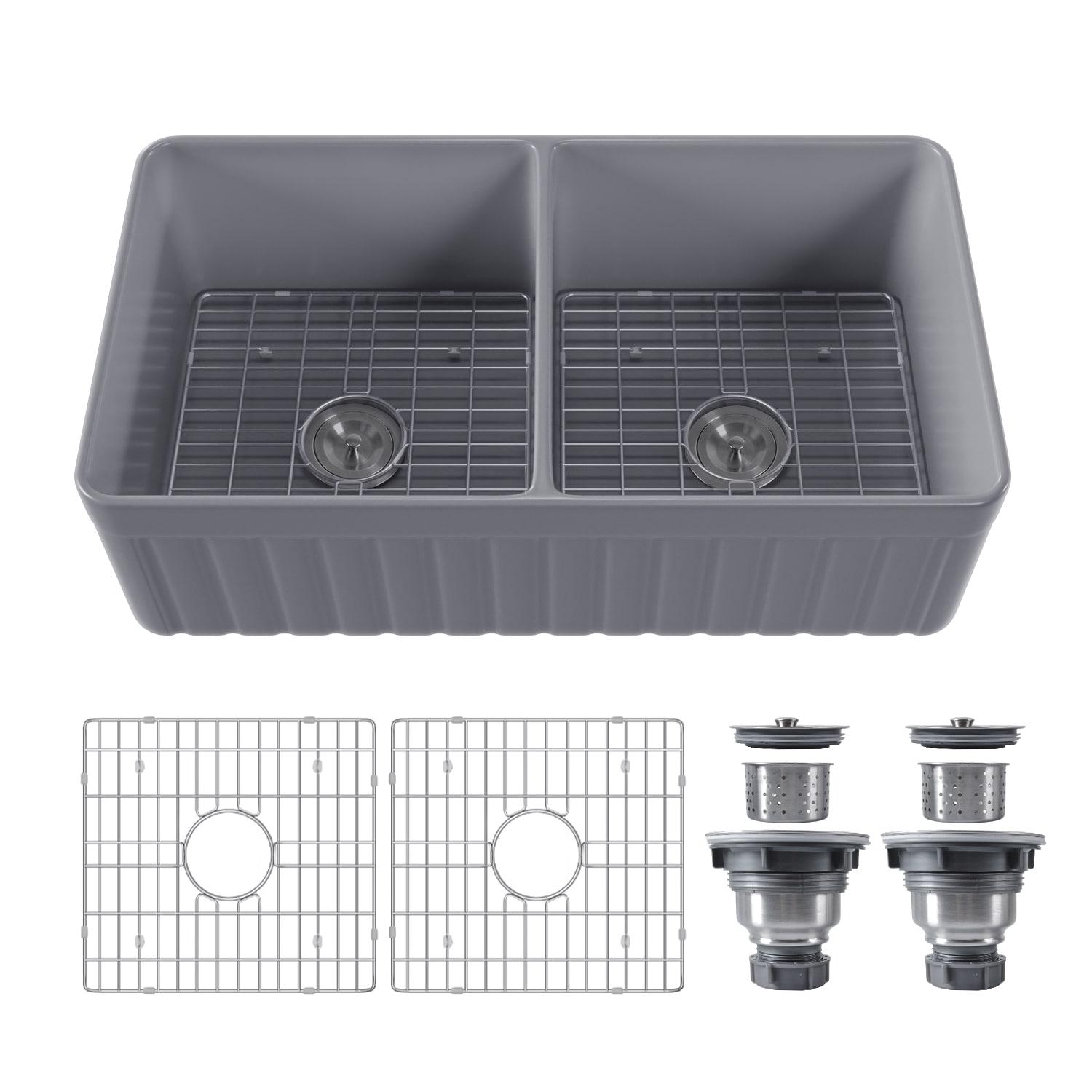 Nova 33" L x 18" W Double Bowl Fireclay Farmhouse Kitchen Sink with Sink Grid and Basket Strainer