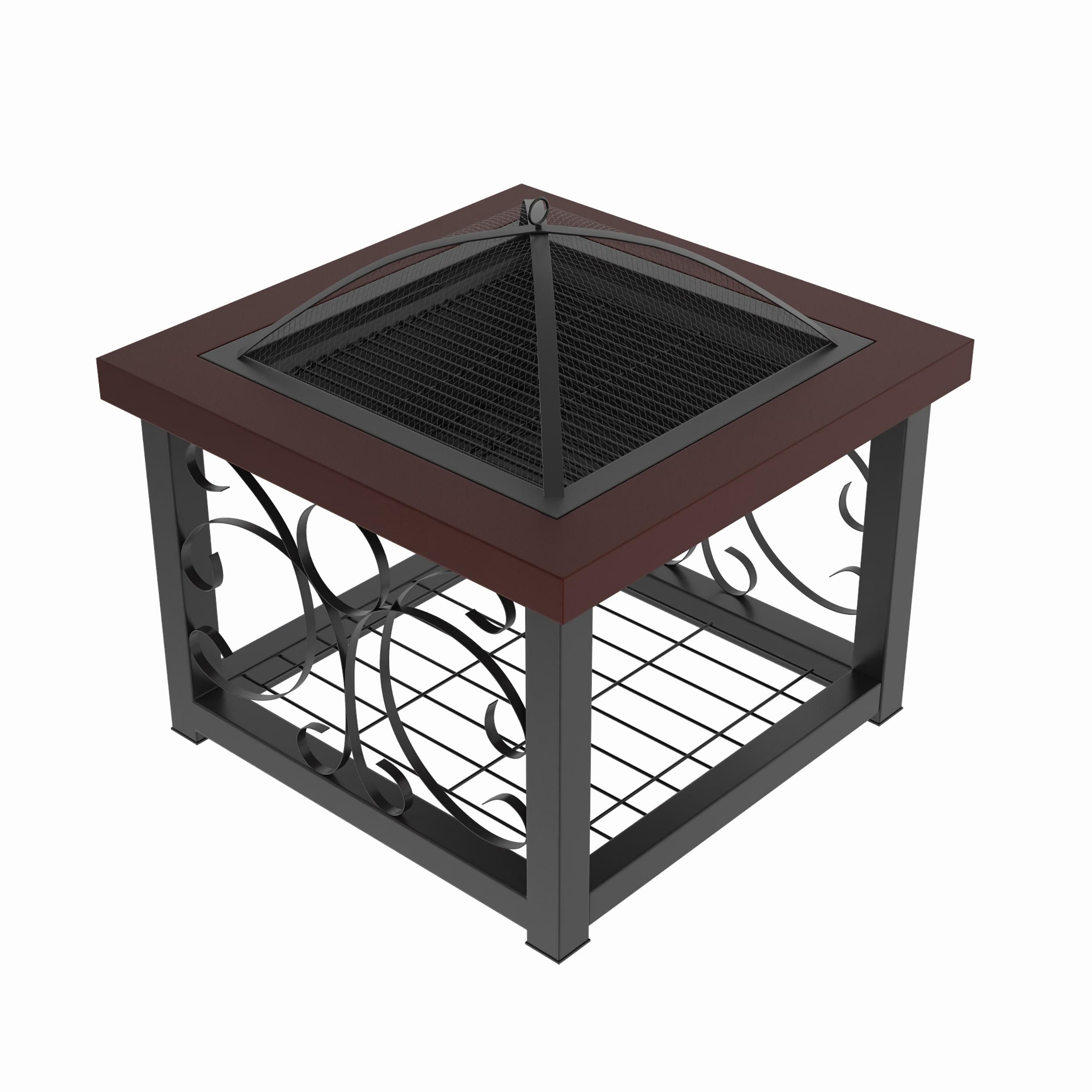 Fire Sense Fire Pit Cocktail Square Table Wood Burning Mesh Spark Screen Wood Grate with Storage Rack – Hammered Bronze Finish