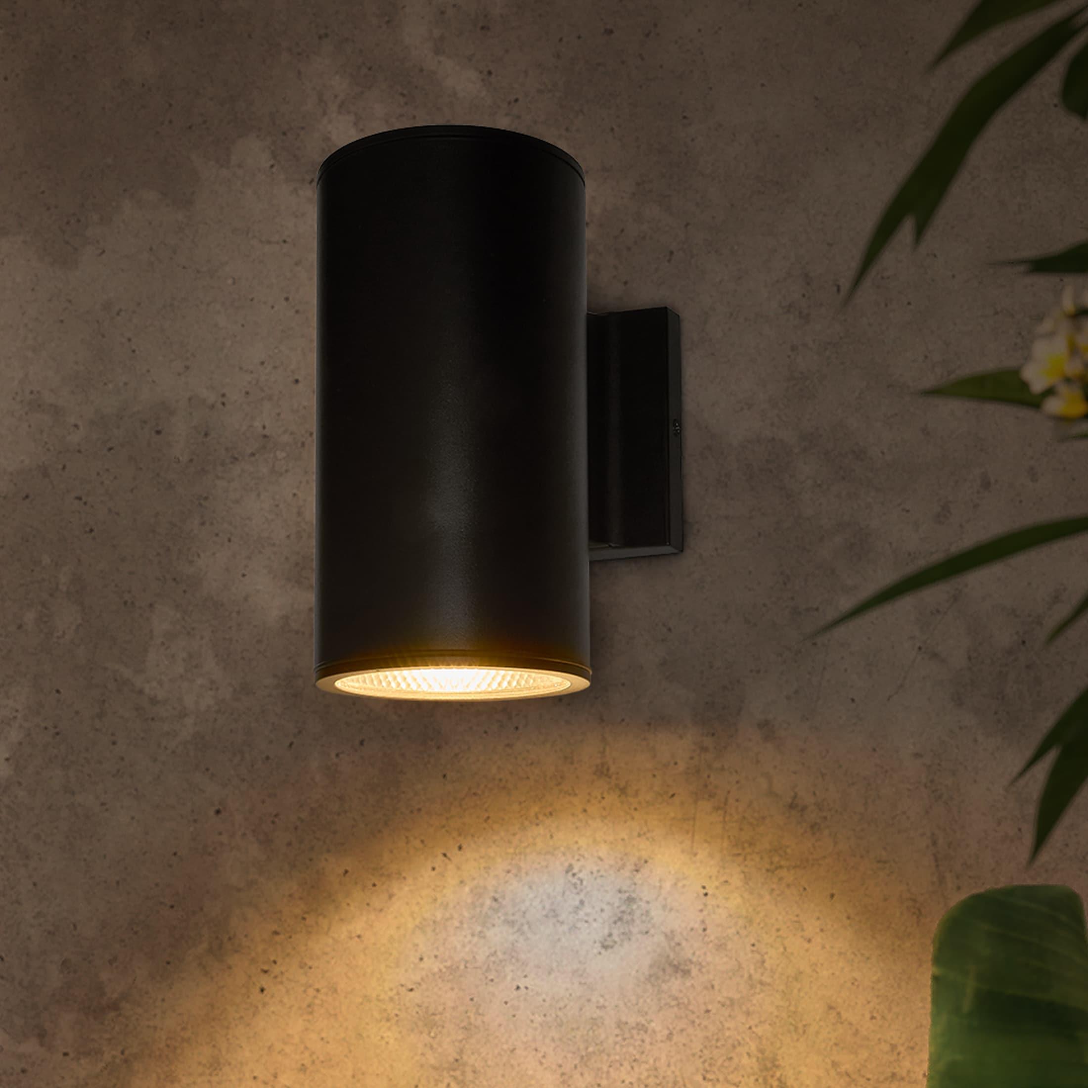 Maxxima Cylinder LED Outdoor Wall Light, Modern Wall Wash, 12 Watt, 1050 Lumens, 5 CCT 2700K/3000K/3500K/4000K/5000K, Dusk to Dawn Photocell Sensor, Exterior Garage, Patio, or Porch Lighting, Black