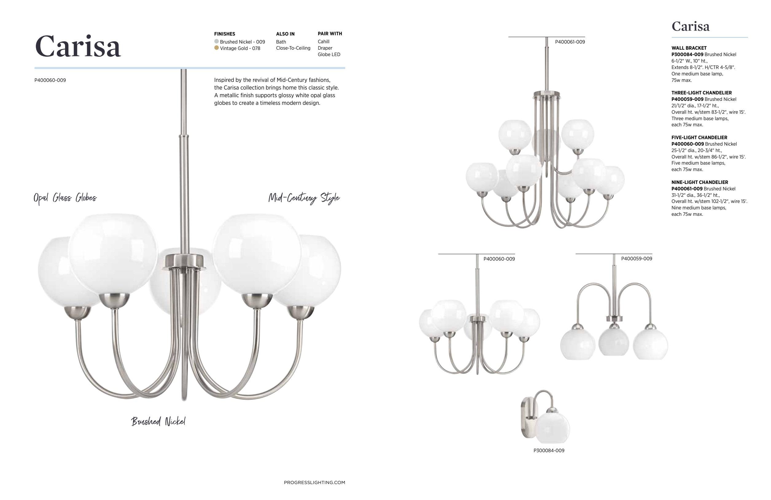 Progress Lighting Carisa 4-Light Bath Wall Light, Vintage Gold, White Glass Globes