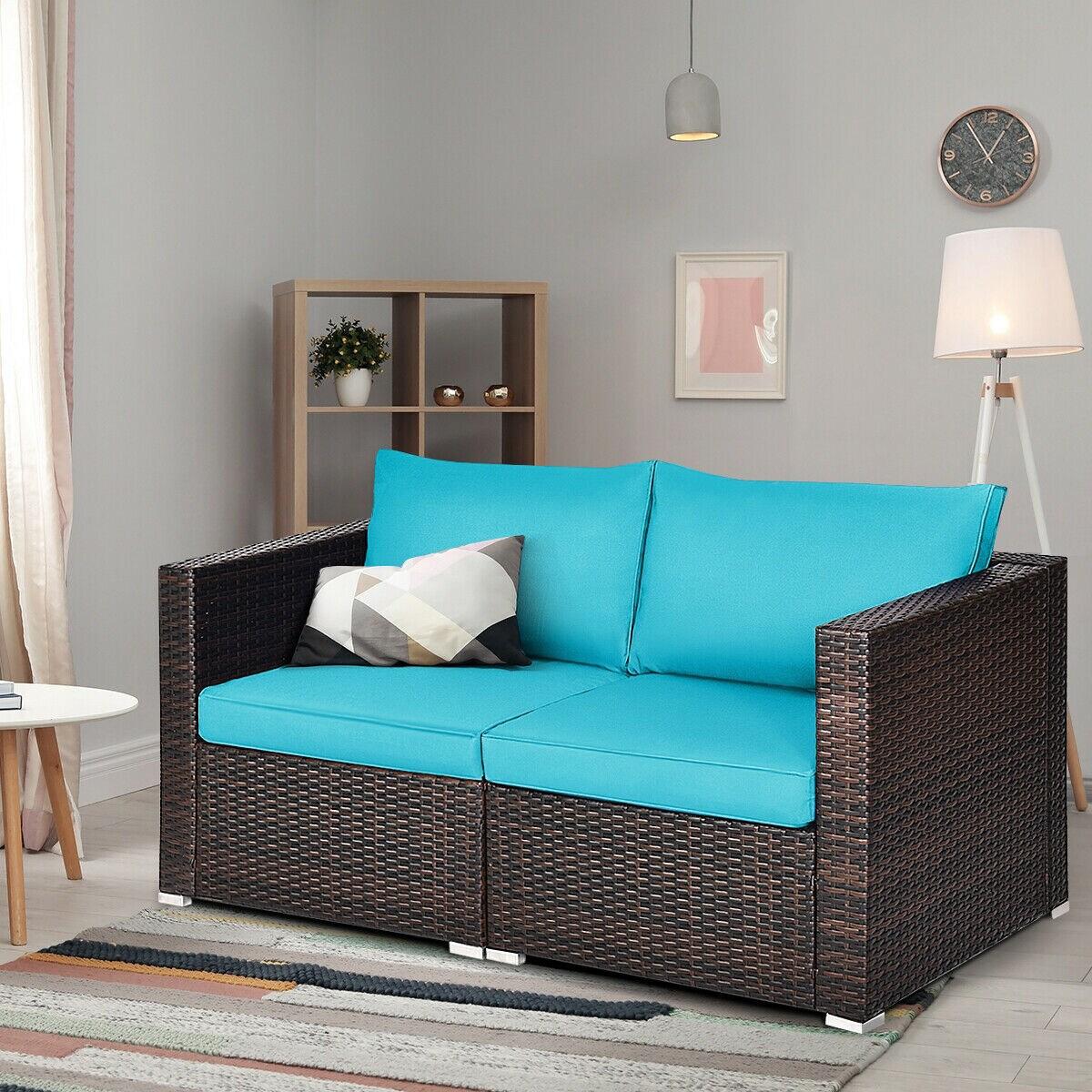 Costway 2PCS Patio Rattan Corner Sofa Sectional Furniture Blue Cushion