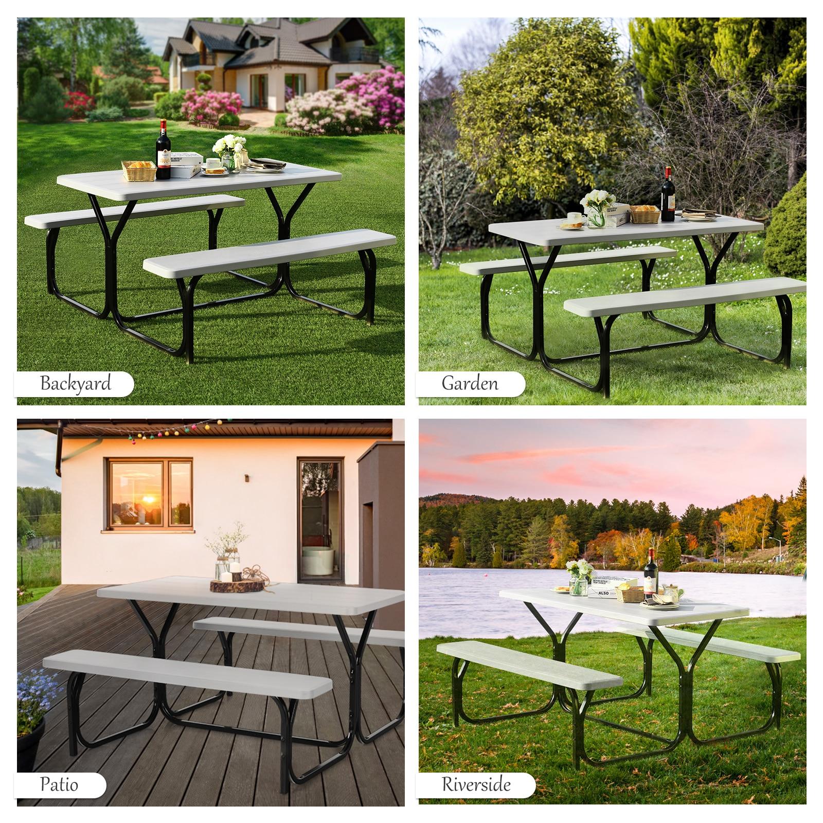 Tangkula Outdoor Picnic Table Bench Set Patio Camping Table w/Steel Frame & Wood Texture Tabletop for Garden White