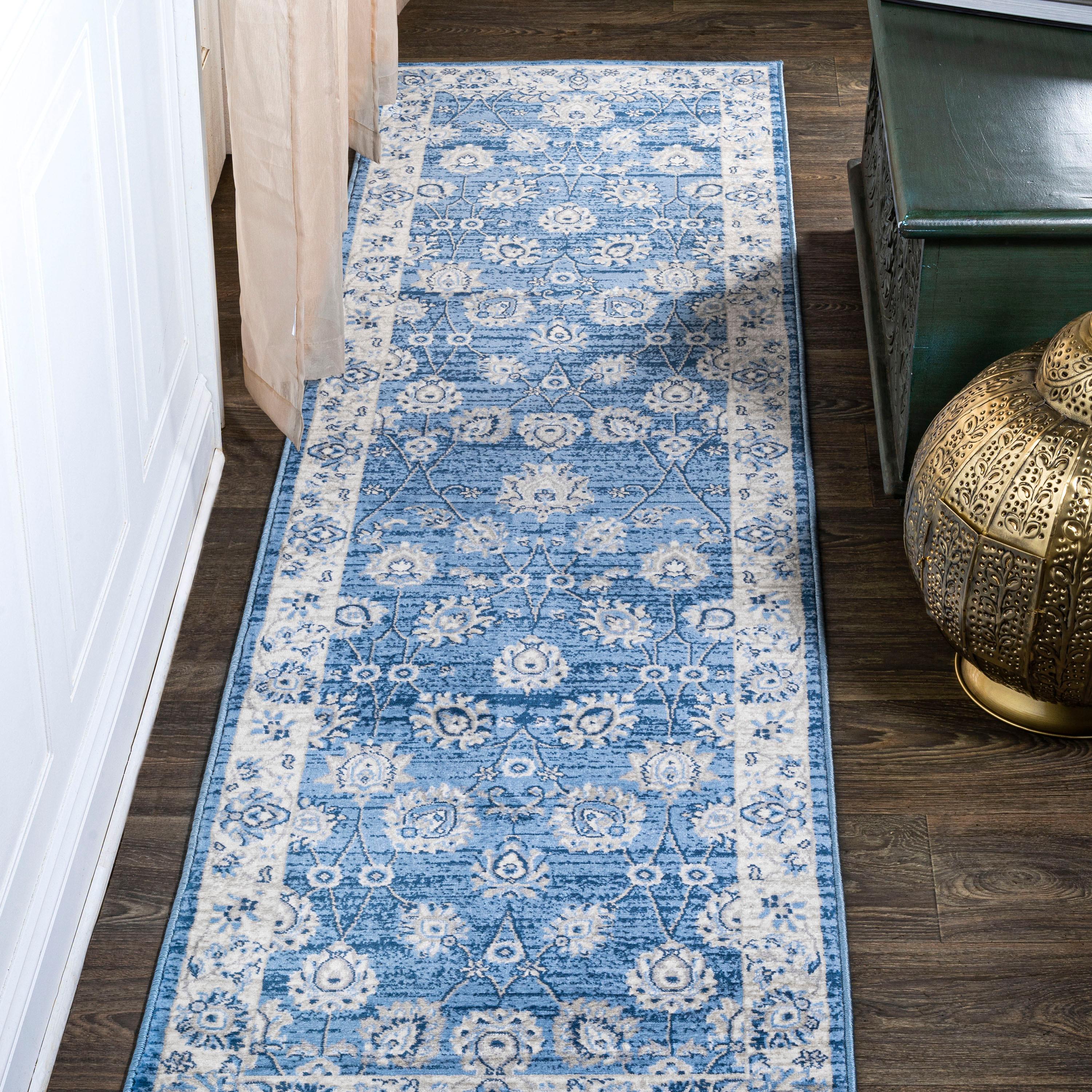 2' X 10' Modern Persian Vintage Moroccan Traditional Runner Rug, Blue/Ivory - JONATHAN Y