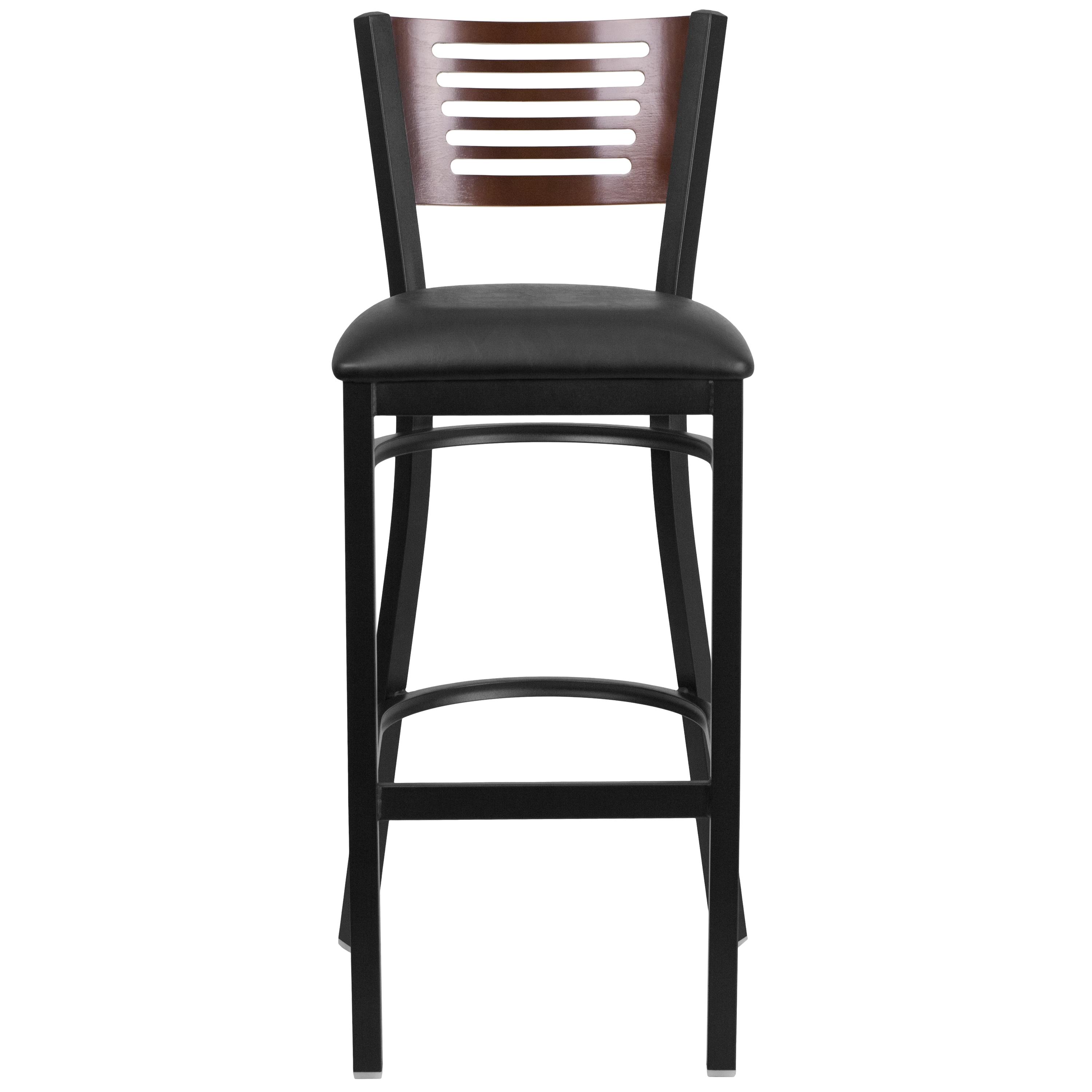 Flash Furniture HERCULES Series Black Slat Back Metal Restaurant Barstool - Walnut Wood Back, Black Vinyl Seat