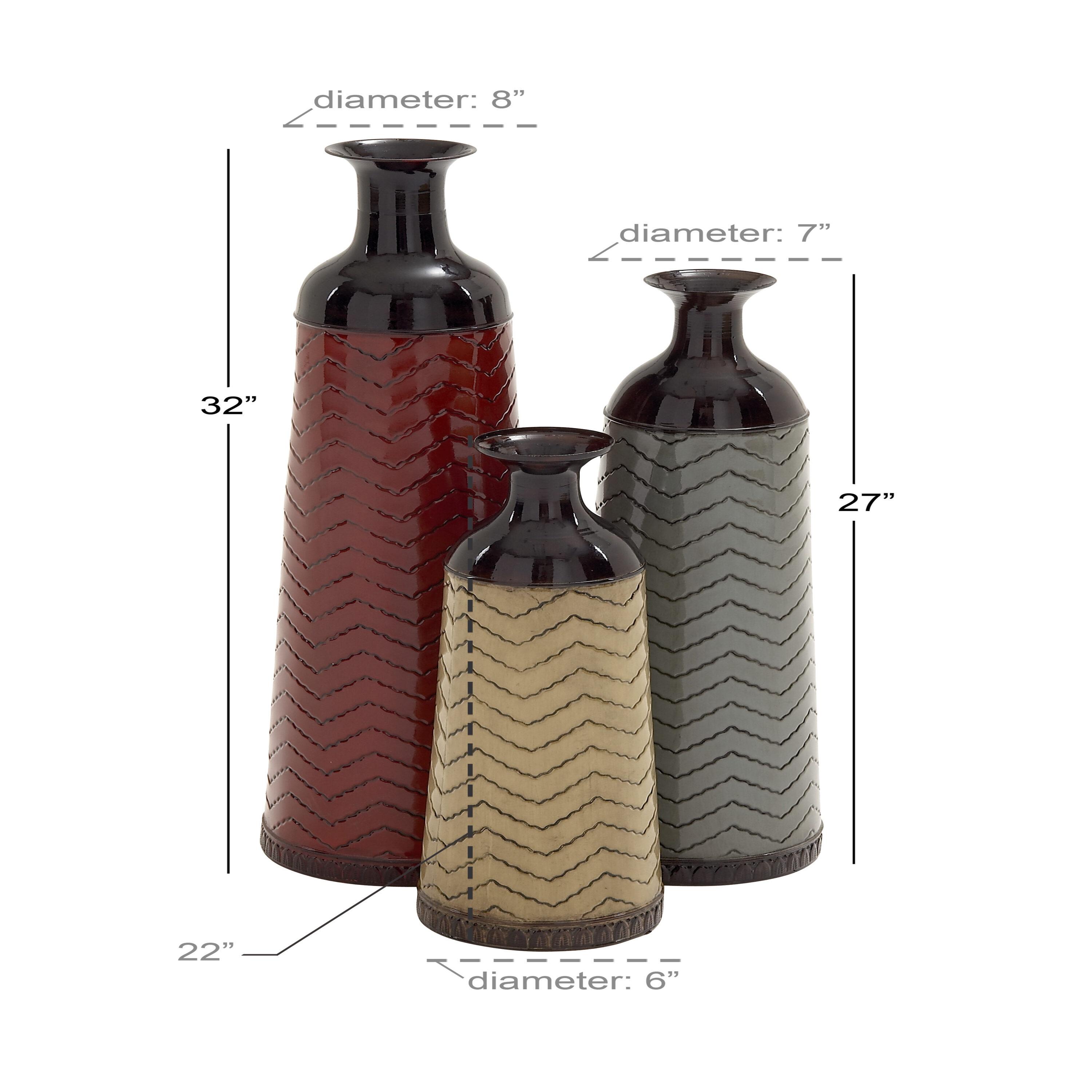 DecMode 32", 27", 22"H Tall Enameled Bottleneck Floor Multi Colored Metal Vase with Chevron Pattern, Set of 3