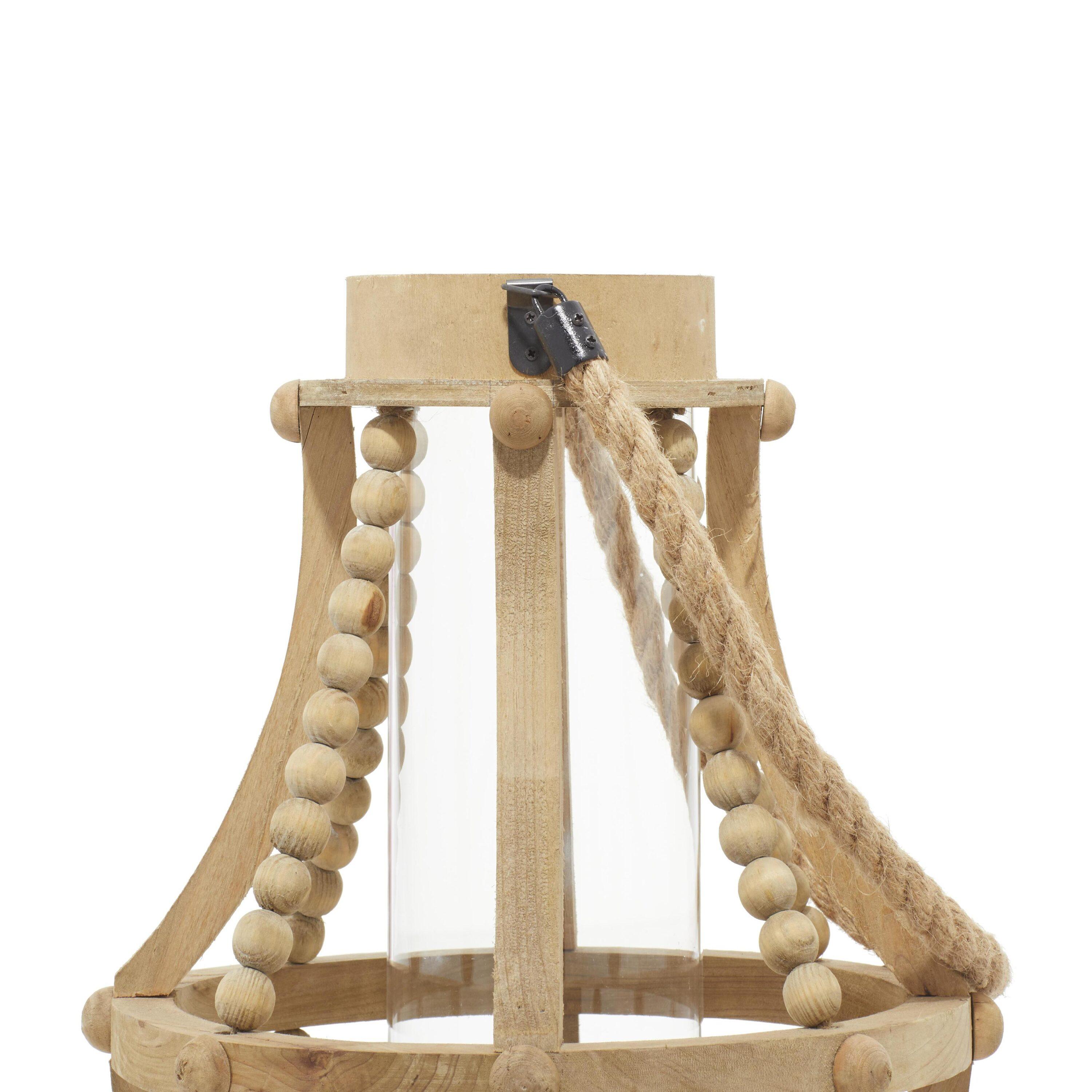 Olivia & May 16" x 10" Rustic Wood/Glass Candle Holder with Rope Handle Beige : Wooden Lantern, Tall Pillar Style