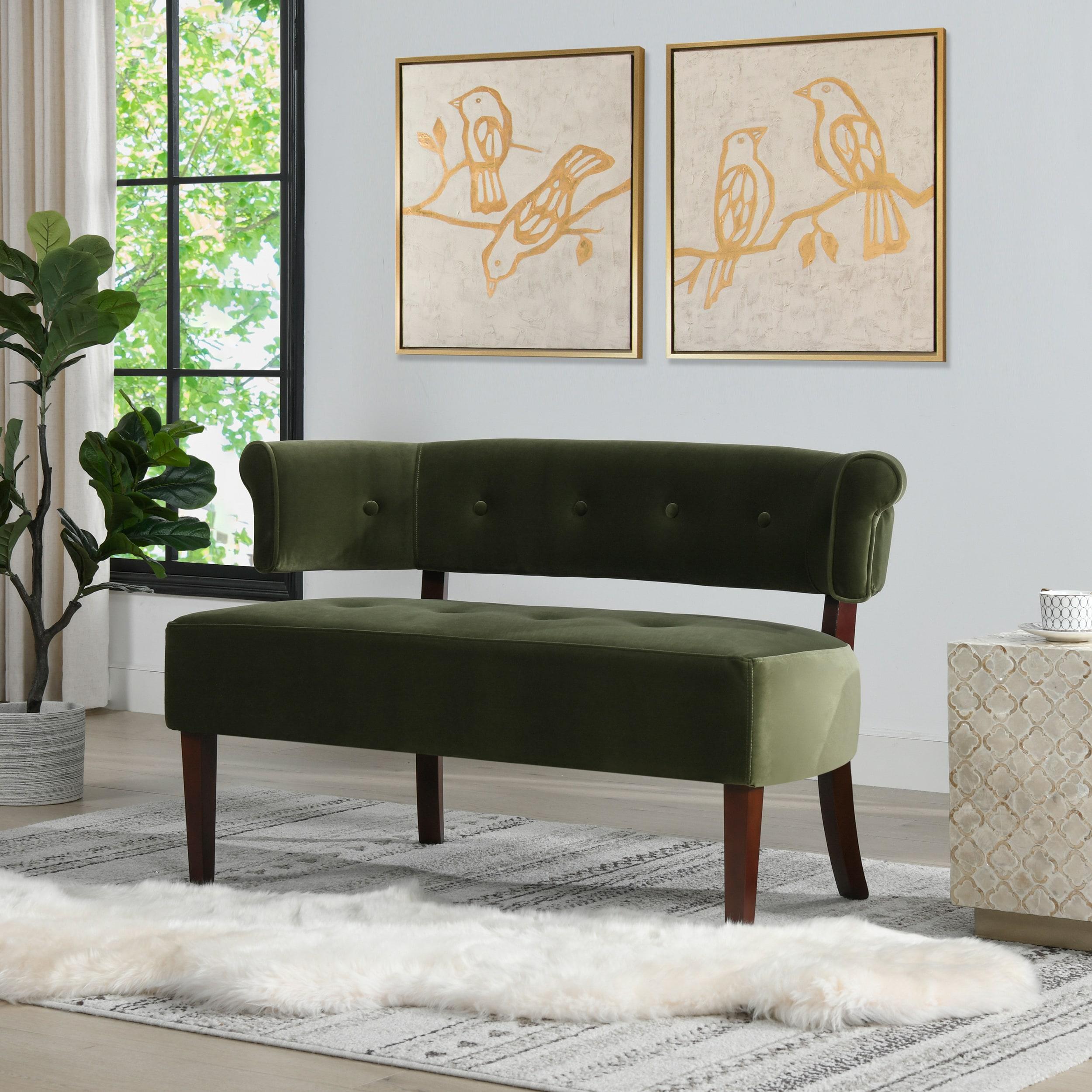 Jennifer Taylor Home Jared Roll Arm Tufted Bench Settee, Olive Green Velvet