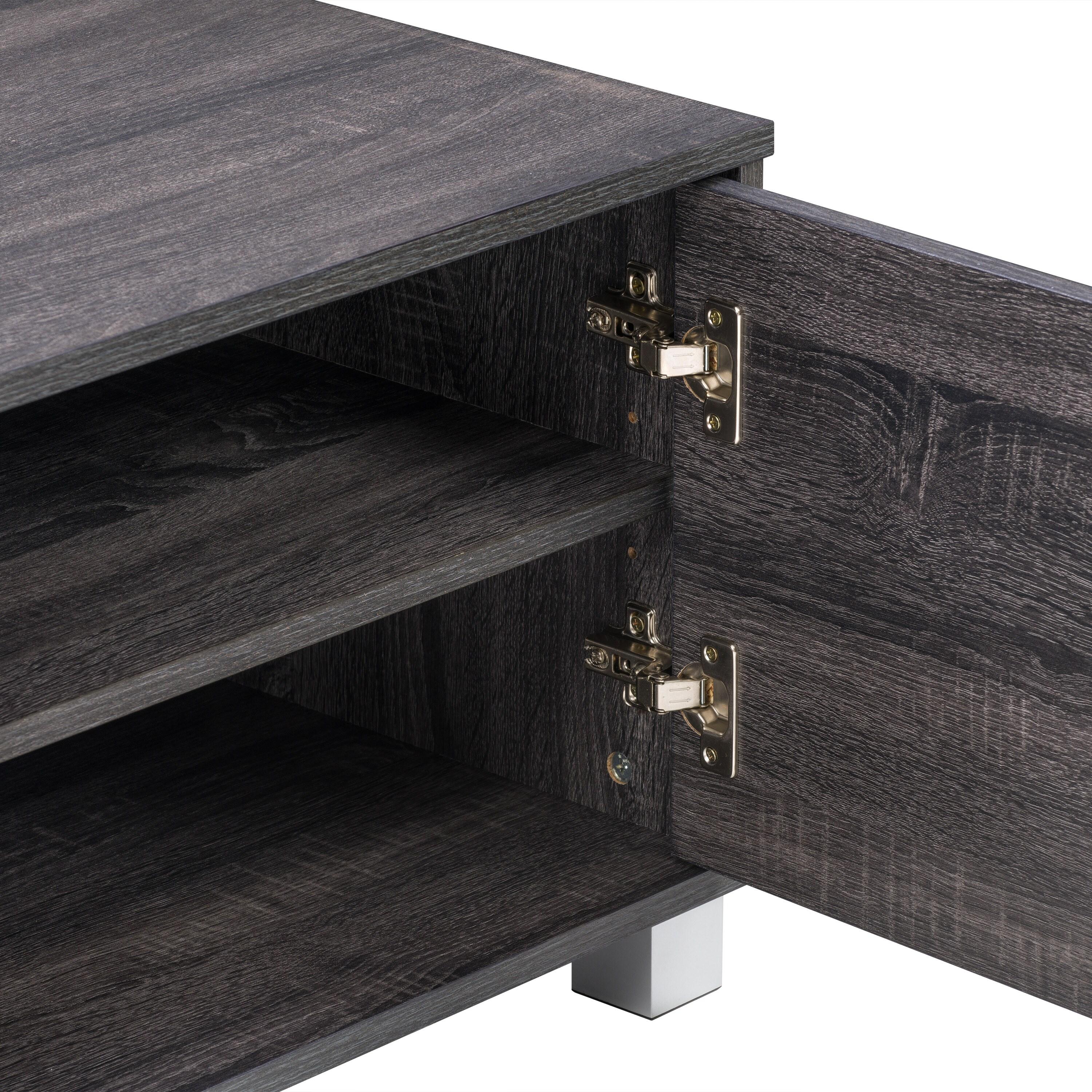 CorLiving Hollywood TV Stand for TVs up to 85" with Doors Wood Grain Dark Gray: Modern Media Console, Adjustable Shelves