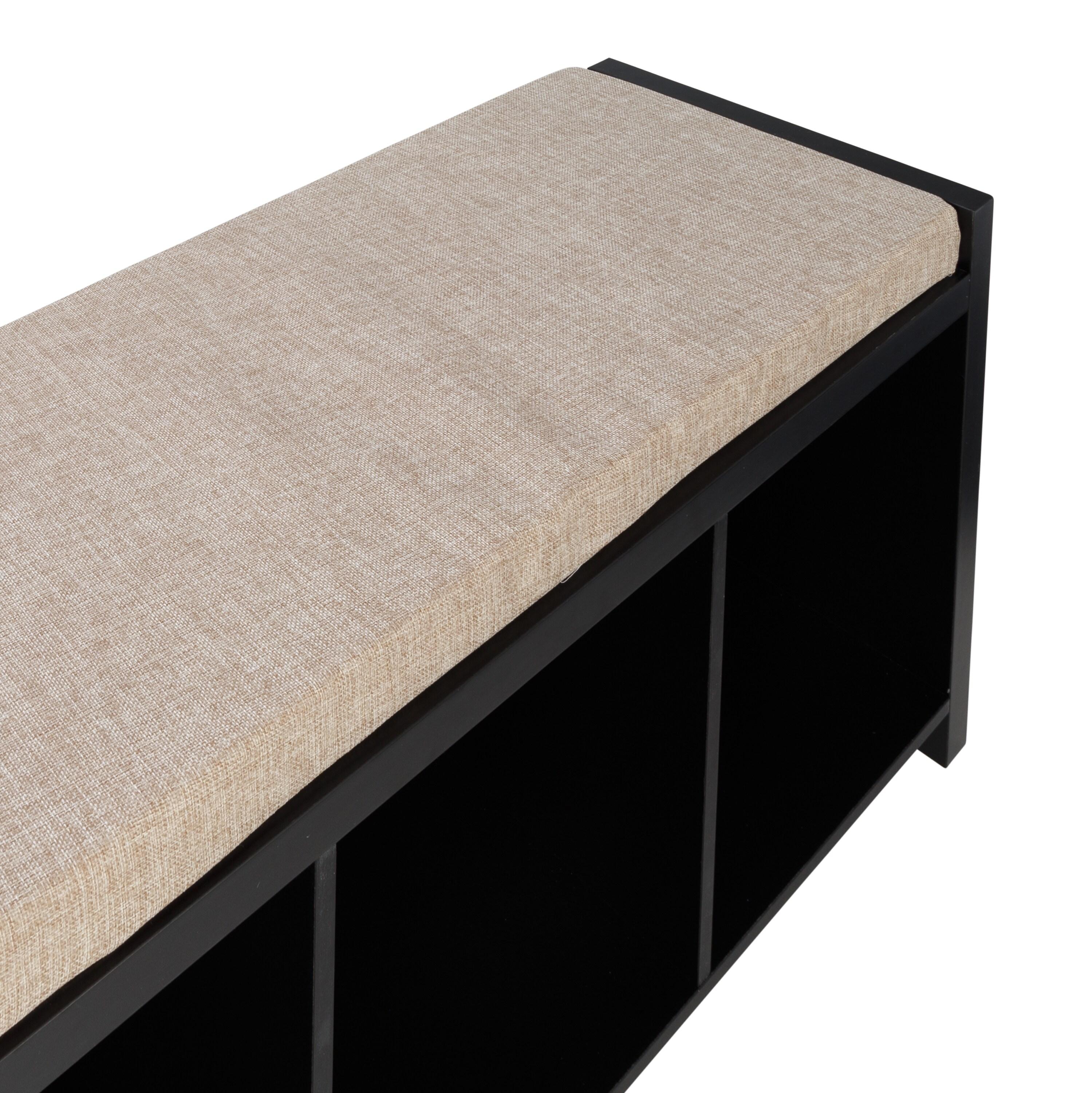 Honey-Can-Do Wood 3-Cubby Shoe Storage Organizer Bench with Cushion, Black/Tan