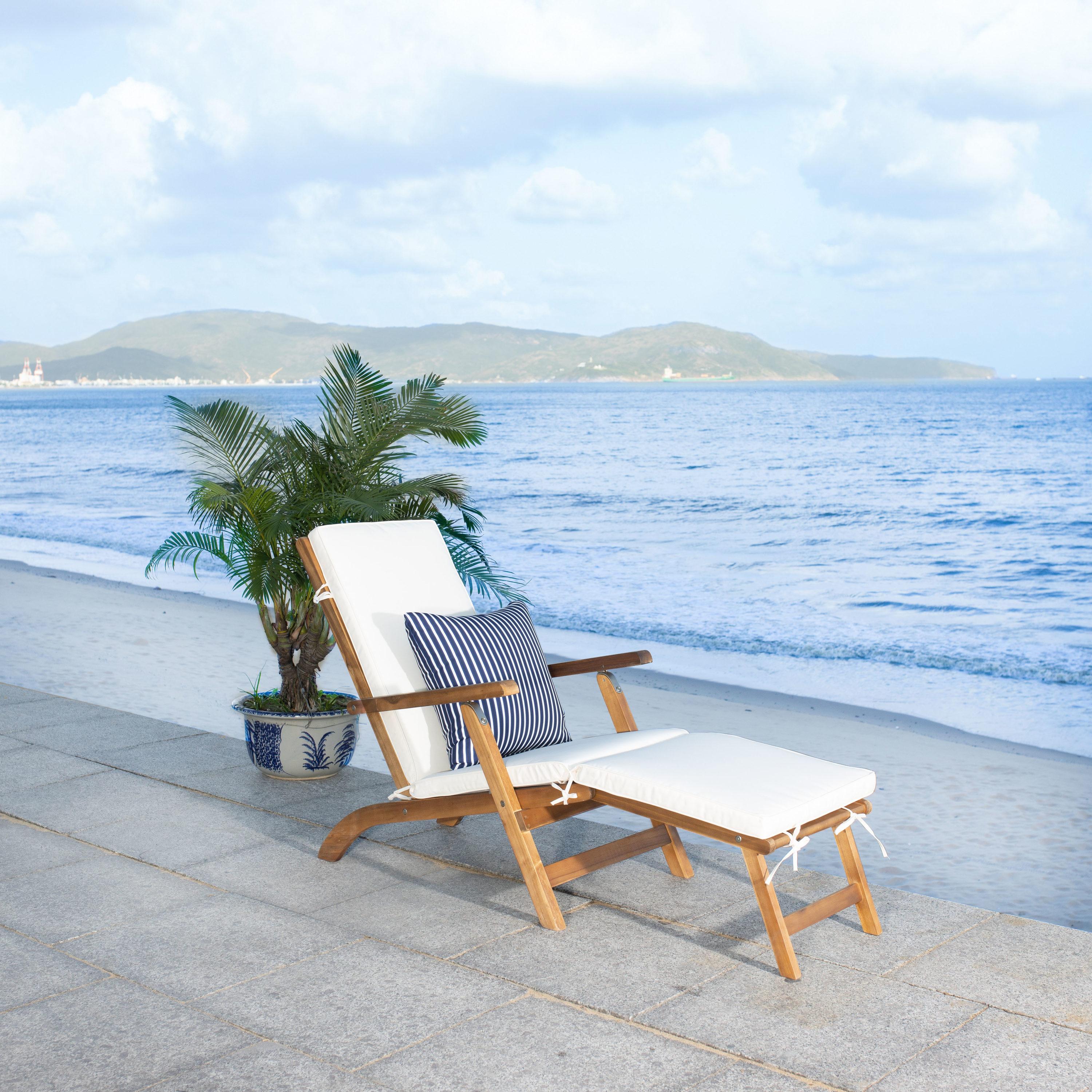 Palmdale Lounge Chair - Outdoor - PAT7015 - Natural/Beige + Blue Stripped Pillow -Safavieh