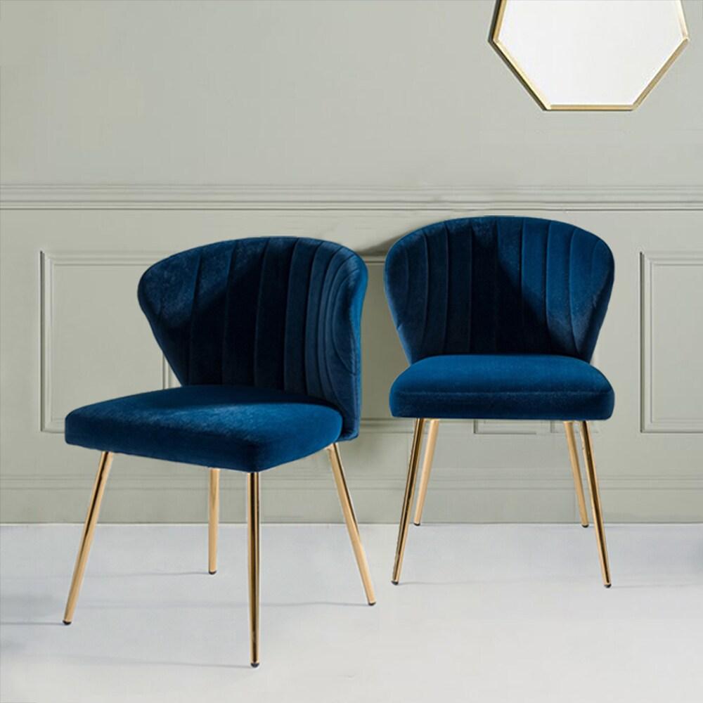 Home Velvet Dining Chairs Set of 2 Upholstered Wingback Accent Side Chairs Metal Legs Living Room Kitchen Navy