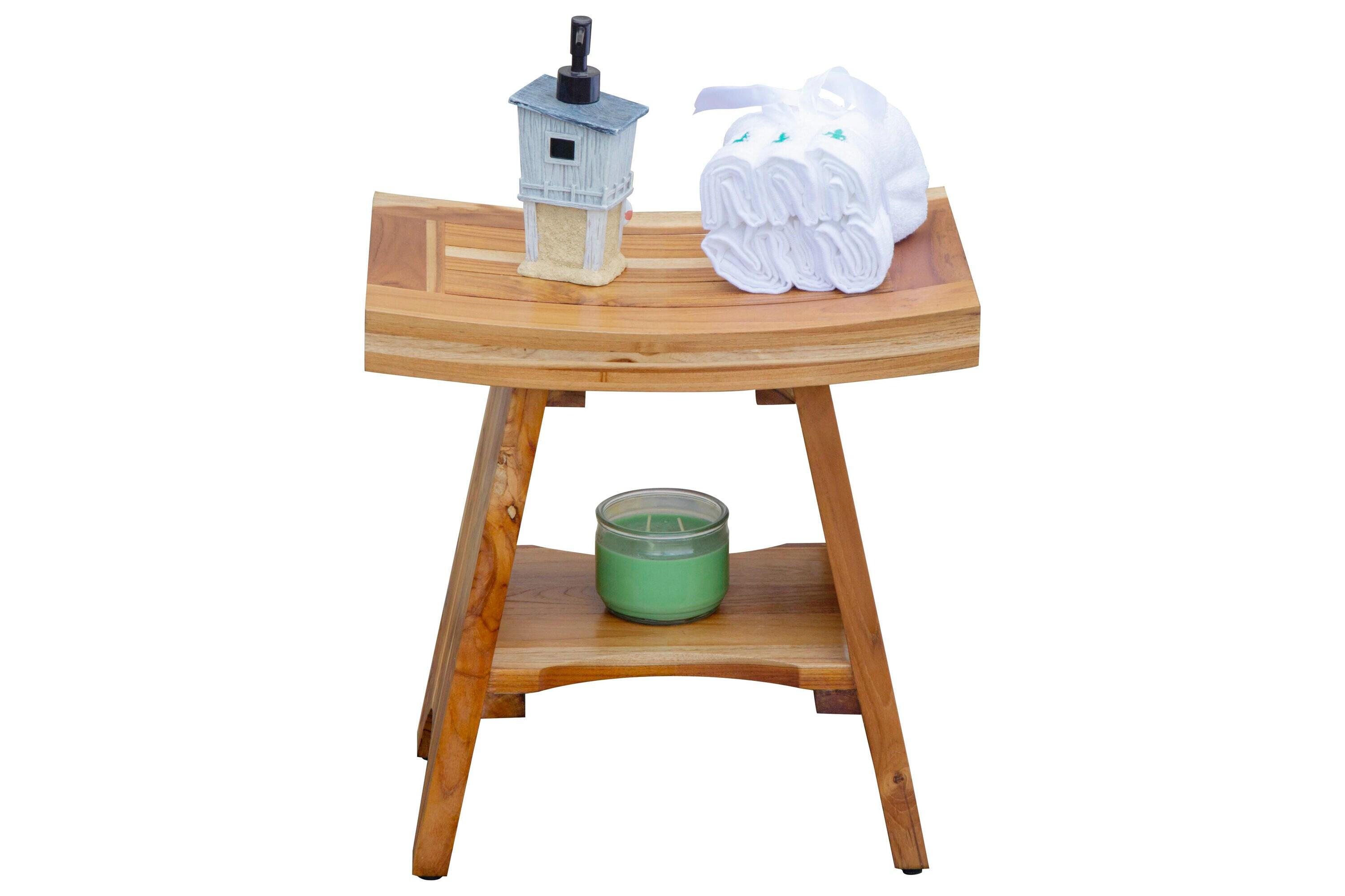 18" Serenity ED961 Wide Teak Shower Bench with Shelf - EcoDecors: Durable Bathroom Stool, Water Resistant, Easy to Clean