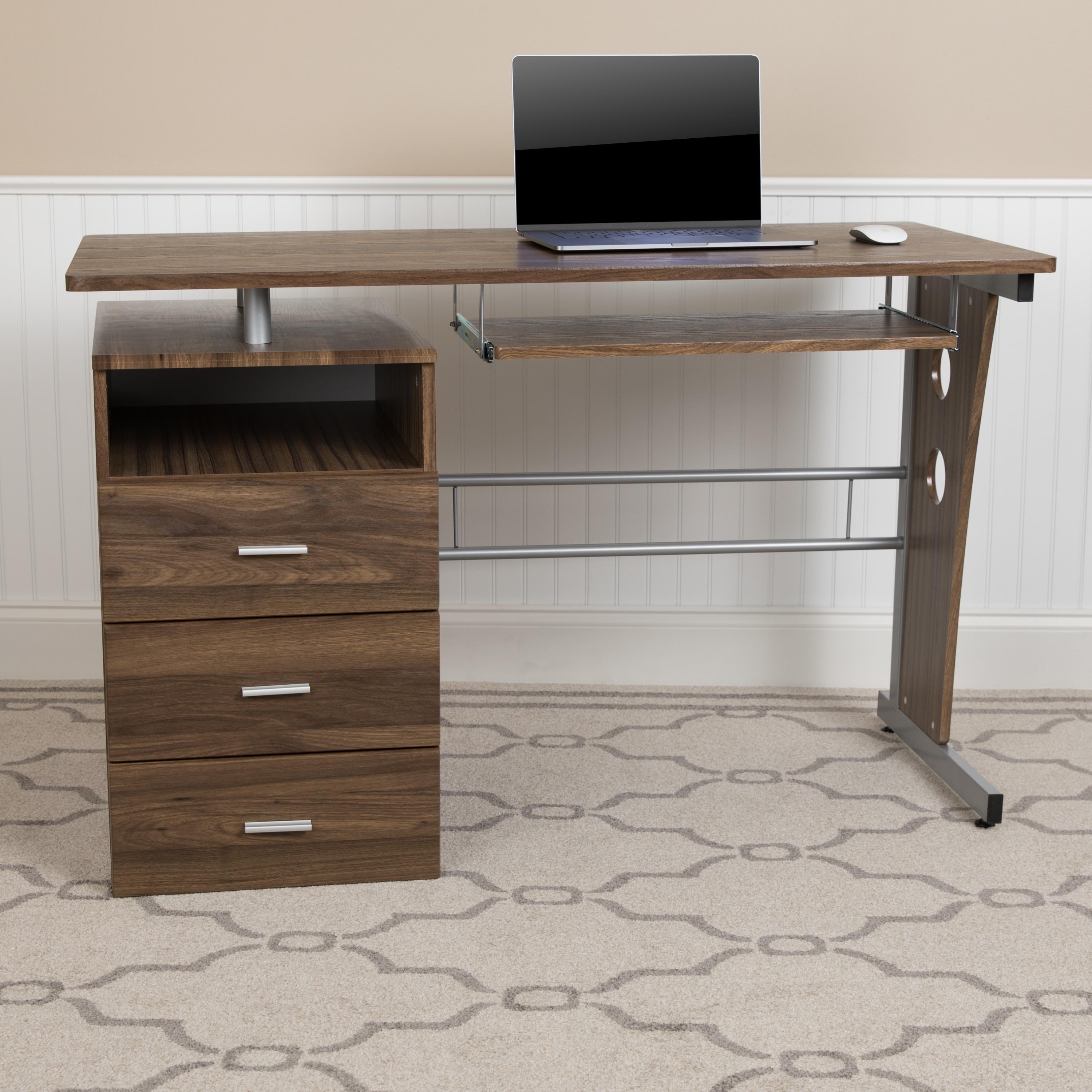 Flash Furniture Rustic Walnut Desk with Three Drawer Pedestal and Pull-Out Keyboard Tray