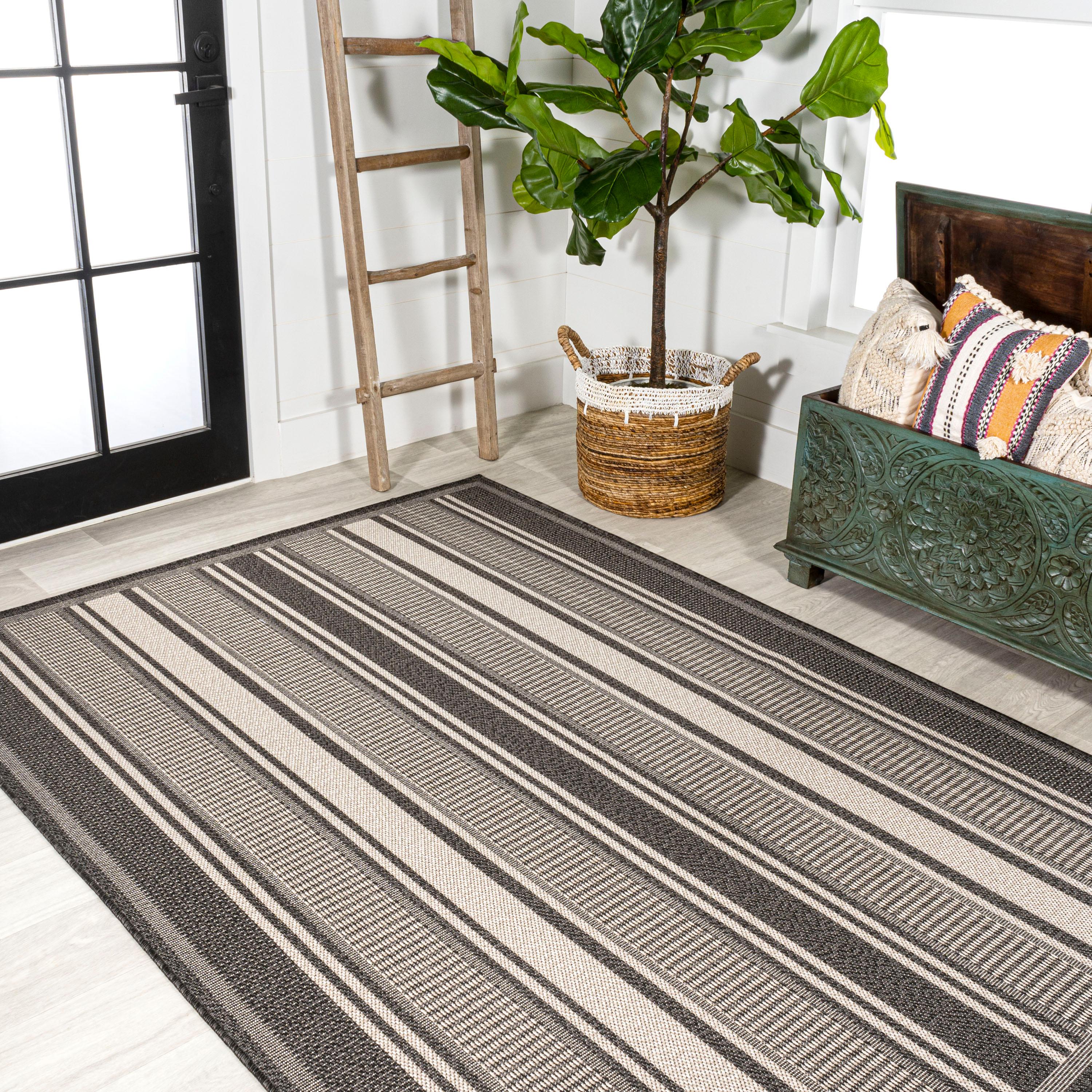 8' x 10' Haynes Modern Double Stripe Indoor/Outdoor Area Rug, Black/Cream - JONATHAN Y