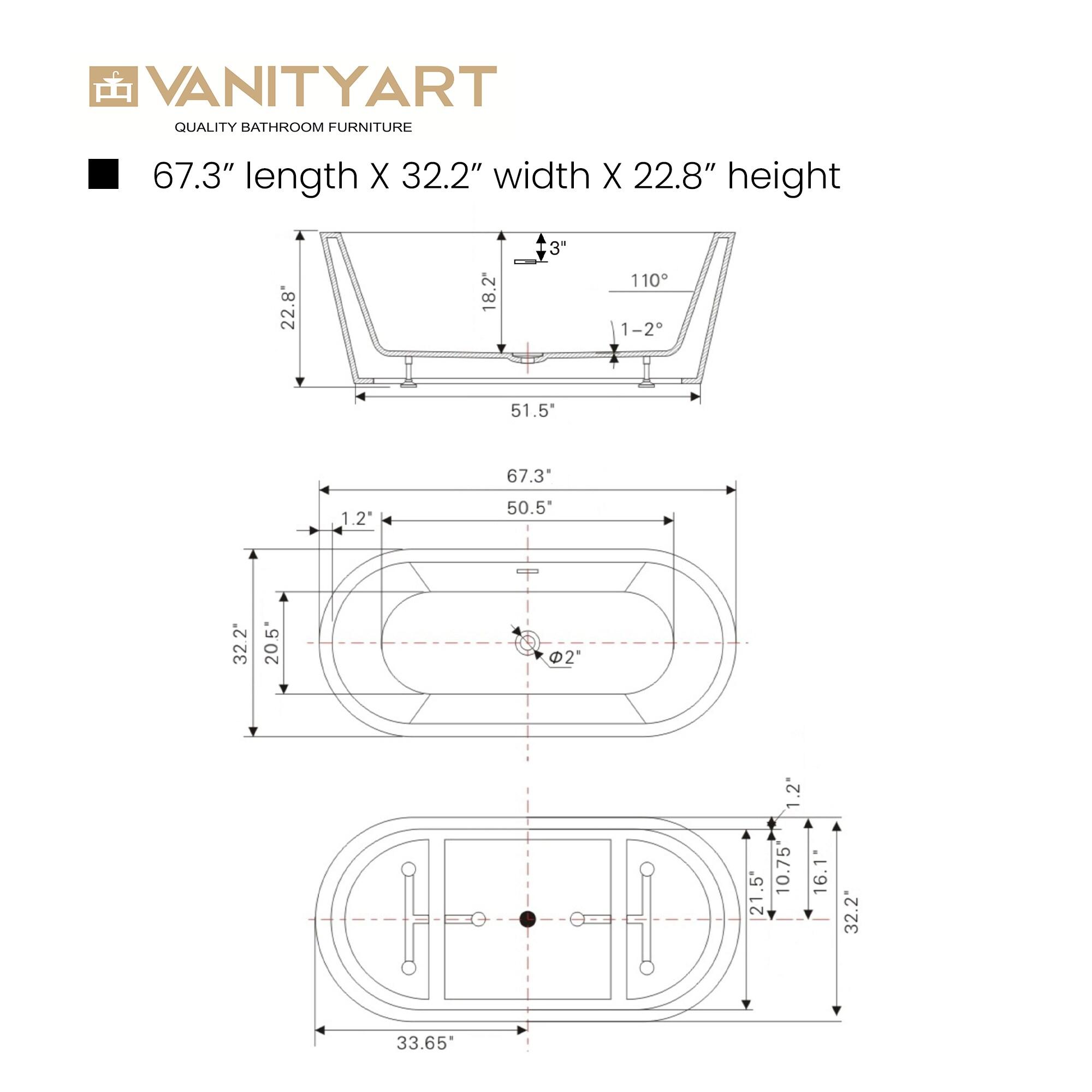 67'' x 32'' Freestanding Soaking Acrylic Bathtub