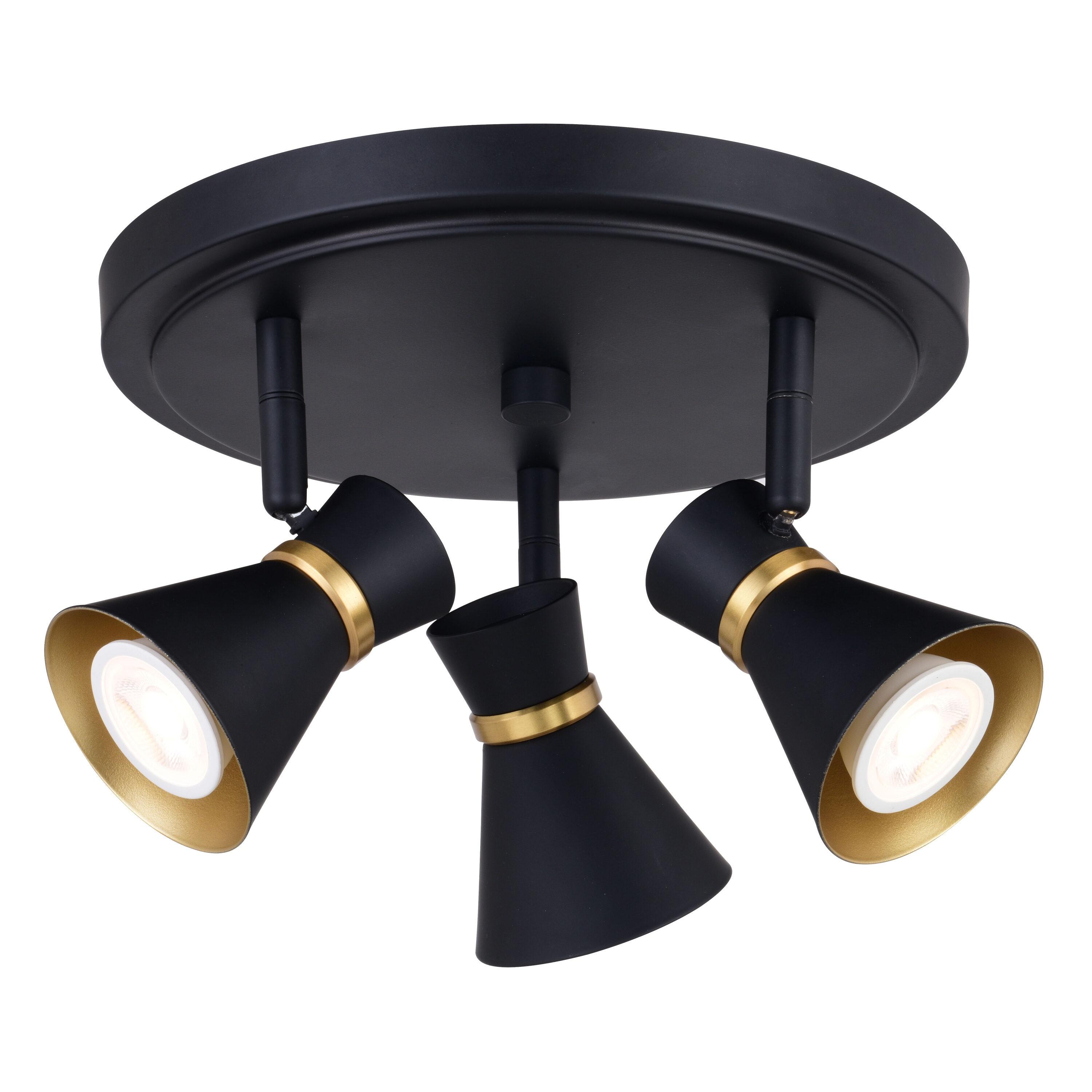 Alto 3 Light LED Matte Black with Gold Satin Brass Accents Mid-Century Modern Directional Ceiling Spot Fixture with Metal Shades